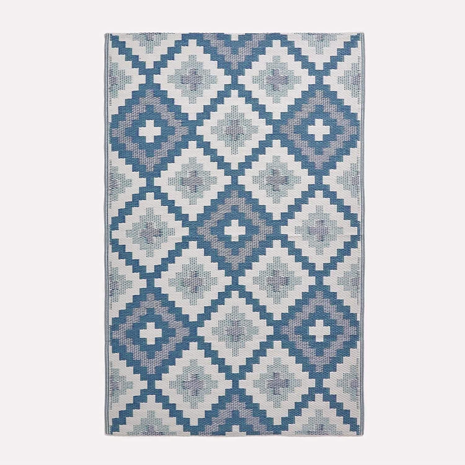 HOMESCAPES Alfombra de exterior azul para jardín o patio, 100% plástico reciclado, 180 x 270 cm, ligera, impermeable, geométrica, diseño azteca "Mia" alfombra tejida para el suelo interior y exterior