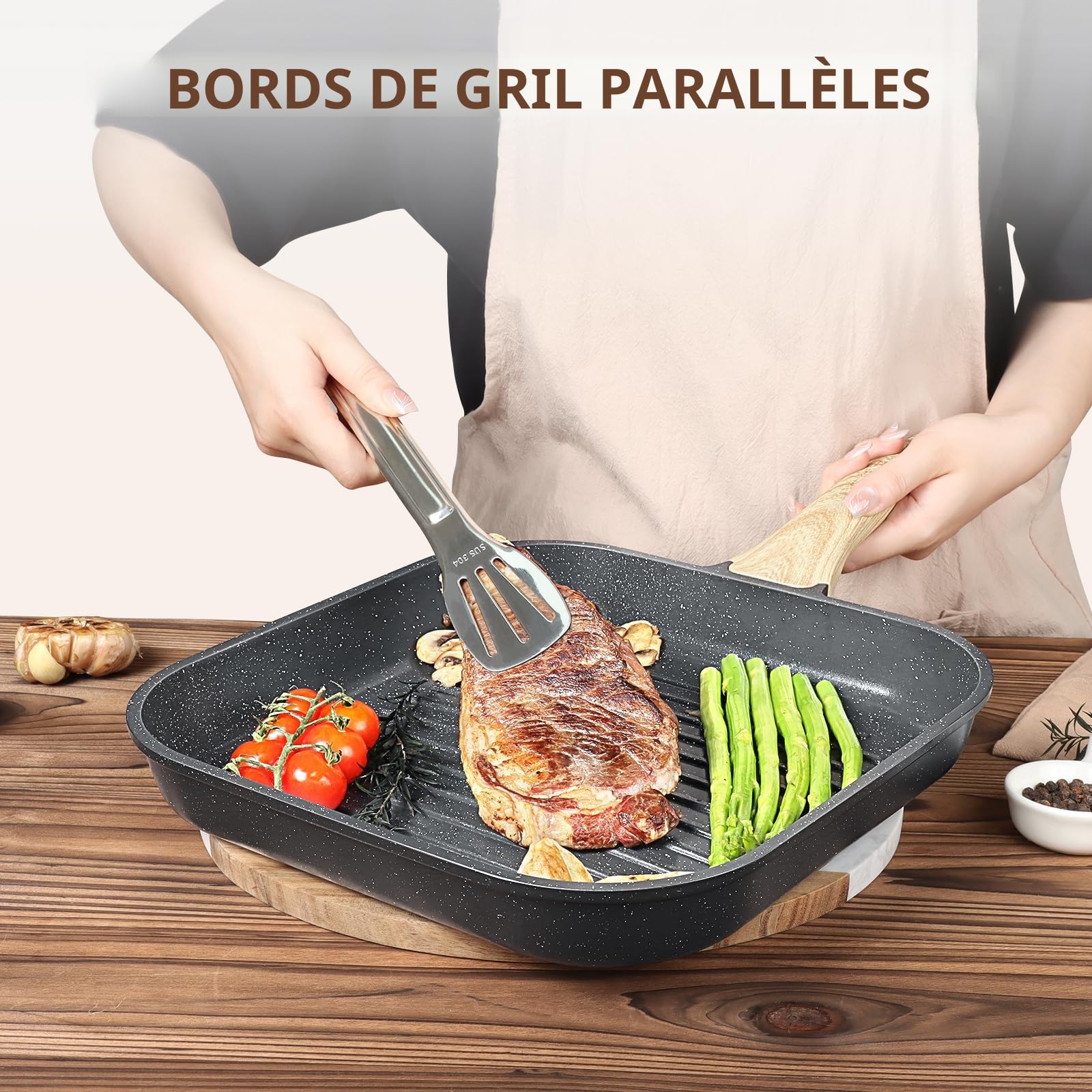 GiPP Poêle grill 28 x 28 cm, poêle à induction en aluminium moulé sous pression avec revêtement antiadhésif en granit, 100 % sans PFOA, convient pour tous les types de cuisinières (gris, 28 cm)