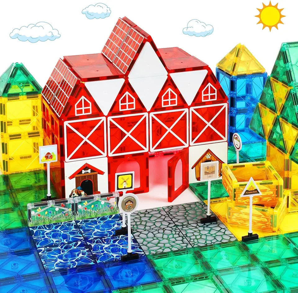 Magnetic Tiles Farm Animals Set, STEM Magnetic Building Blocks for Toddlers 3-5 5-7, Sensory Montessori Magnet Tiles for Kids Ages 4-8 Years Old Boys Girls, Magnet Toys Birthday