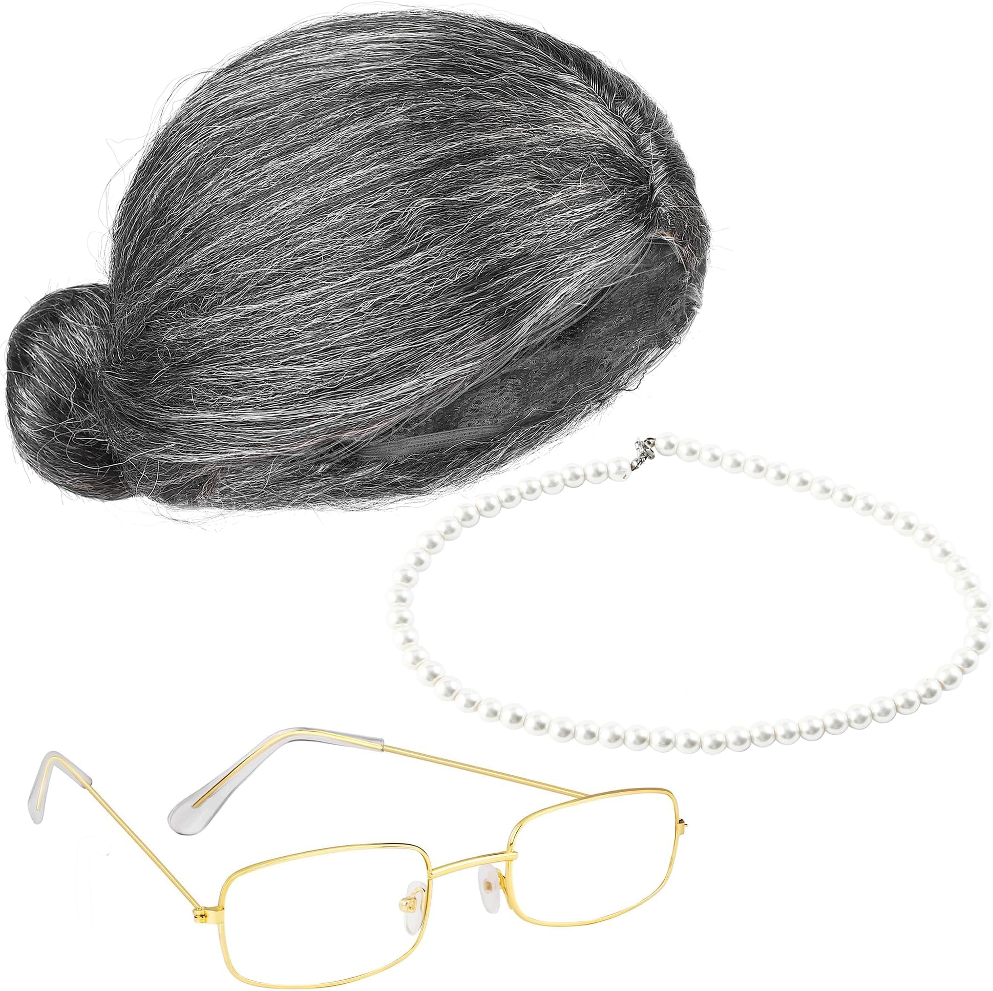 3 Pcs Grey Old Lady Wig 100 Days of School Grandma Wig Granny Glasses Artificial Pearl Necklace Halloween Fancy
