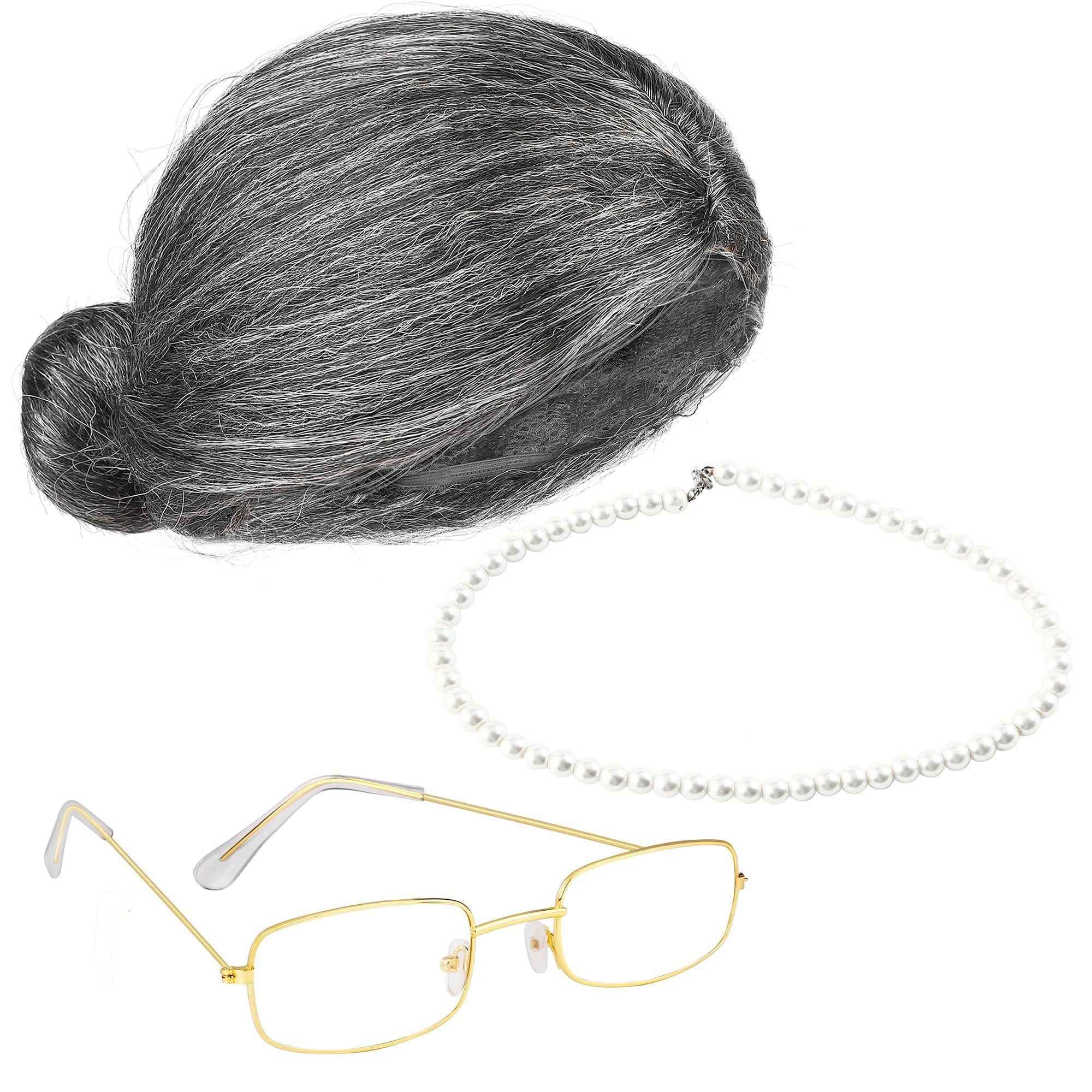 3 Pcs Grey Old Lady Wig 100 Days of School Grandma Wig Granny Glasses Artificial Pearl Necklace Halloween Fancy