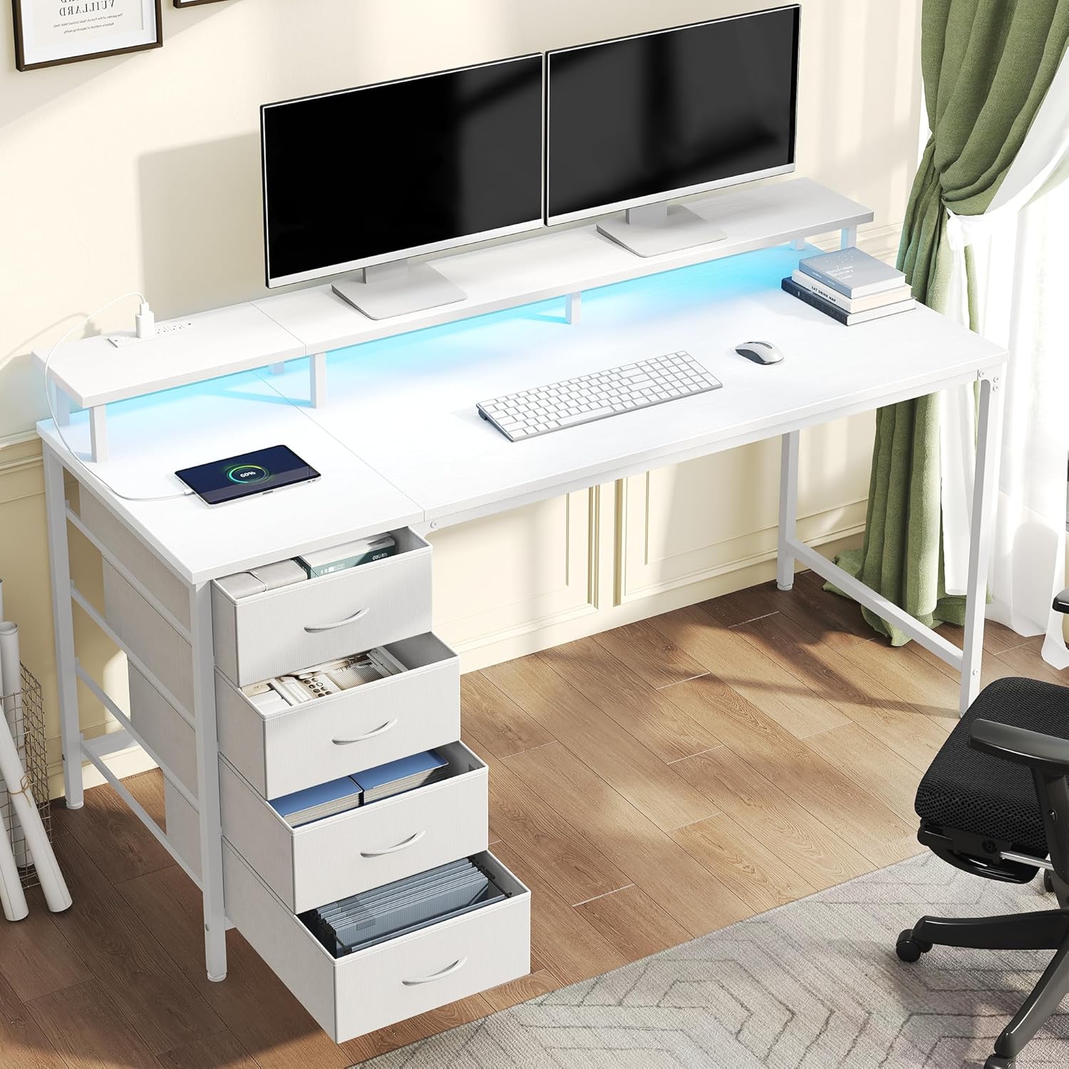 DUMOS Computer Desk with 4 Drawers,4 Drawer Gaming Desk with Power Outlets and LED Lights,Office Desk for Small Spaces with Monitor Shelf,Writing Desk for Home Office, Bedroom,Study 39 Inch White