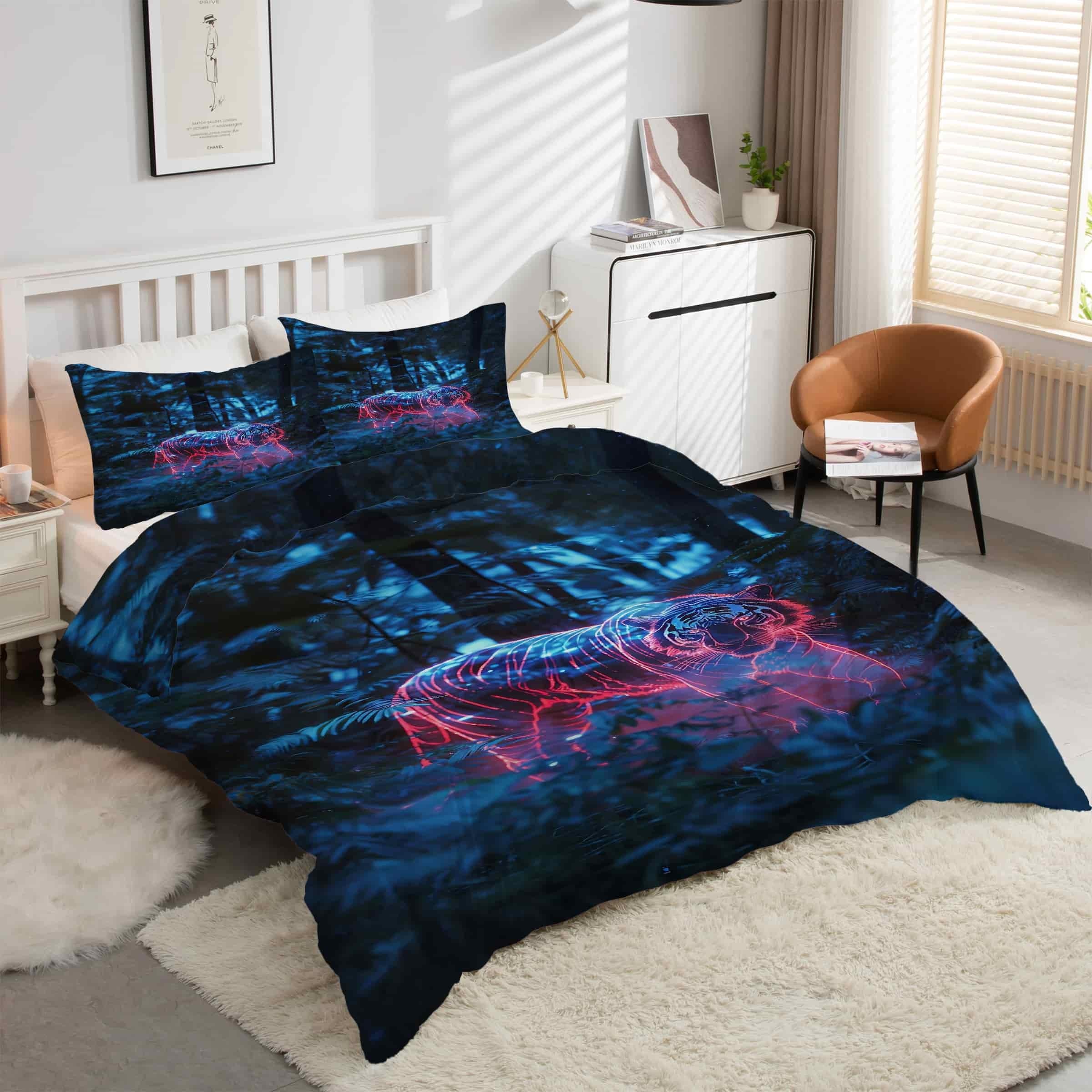 Housse de couette 200x200 tigre anti-glisse avec fermeture éclair et ensemble 2 taies d'oreiller