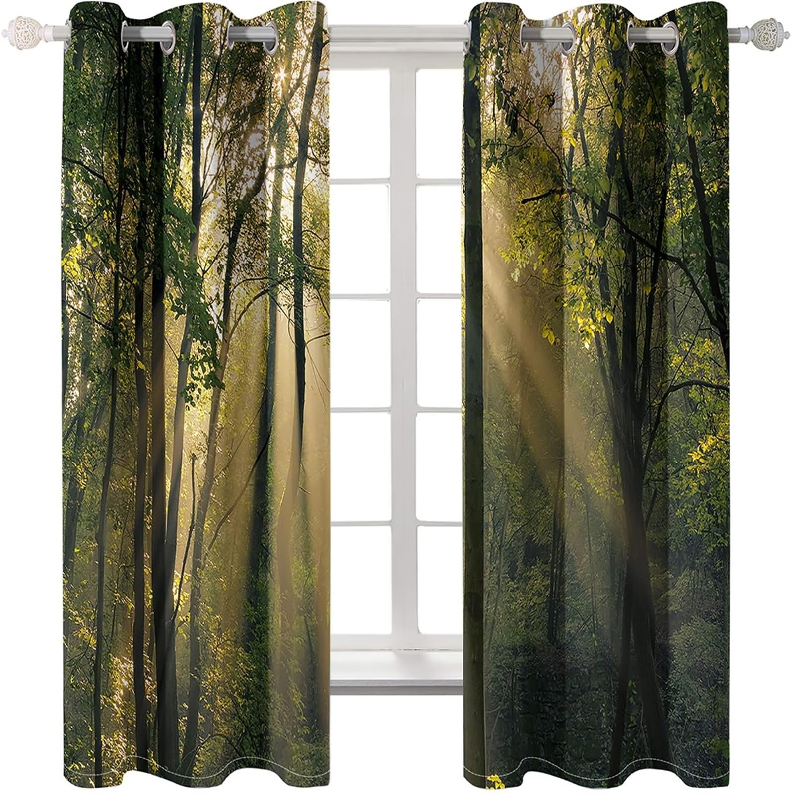 Czeska zasłona zaciemniająca, zasłony zaciemniające ciemnozielony słoneczny krajobraz lasu poliester 2 panele 264x229cm
