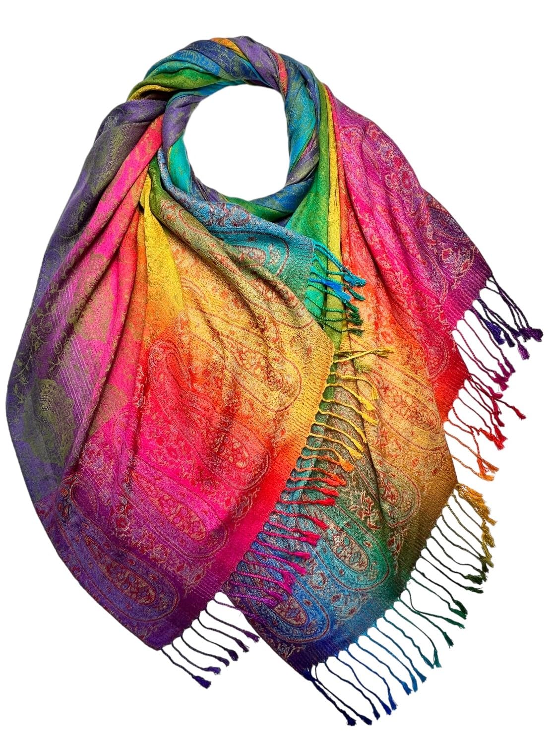 Glamlondon Women's Rainbow-Colourful-Pai Styl4 Rainbow Multi-Colour Pashmina Colourful Paisley/Roses/Patches/Peacock Feather Soft Shawl (Rainbow-Colourful-Pai Styl4)