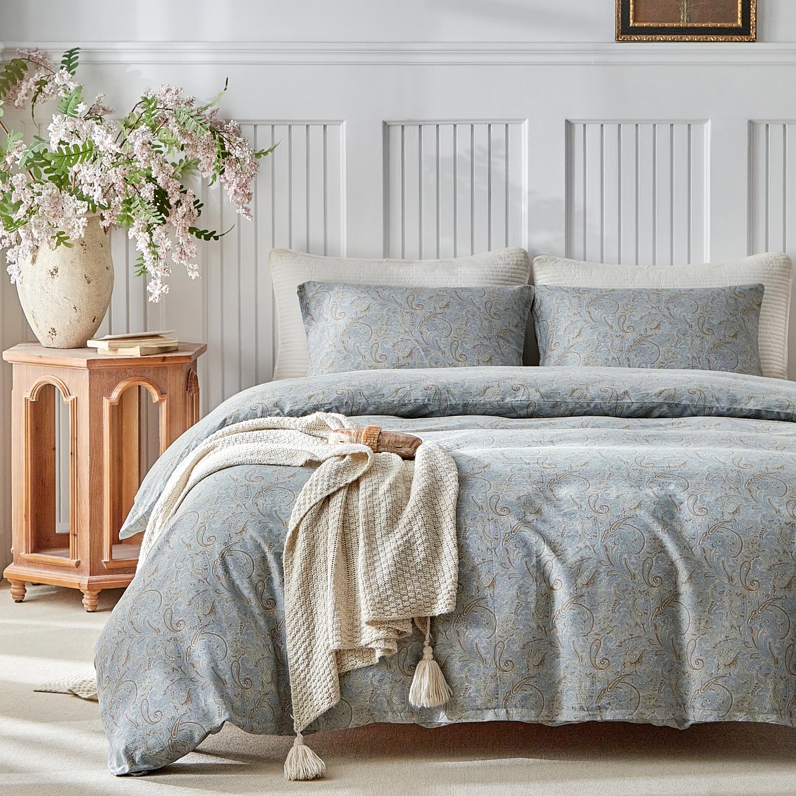 Lekesky 100% Cotton Double Duvet Cover Set Grey Bohemian Bedding, 200 Threadt Count Cotton Duvet Cover Sets (1x Quilt Cover