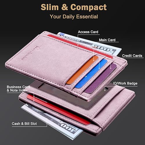 Miniatura 3 de Cartera Travelambo delgada, minimalista, con bolsillo frontal, de piel, de tamaño mediano con bloqueo RFID, Rosa, medio, Minimalista