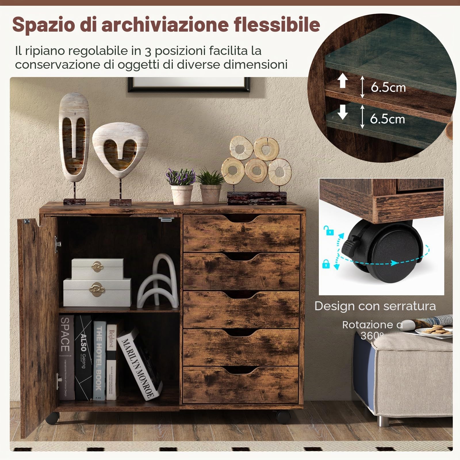 KOMFOTTEU Cassettiera Ufficio con 5 Cassetti, Schedario Portadocumenti con Ruote Universali e Ripaini Regolabili, Mobile Porta Stampante in Legno per Studio, Camera da Letto, 79x39x65 cm (Marrone)