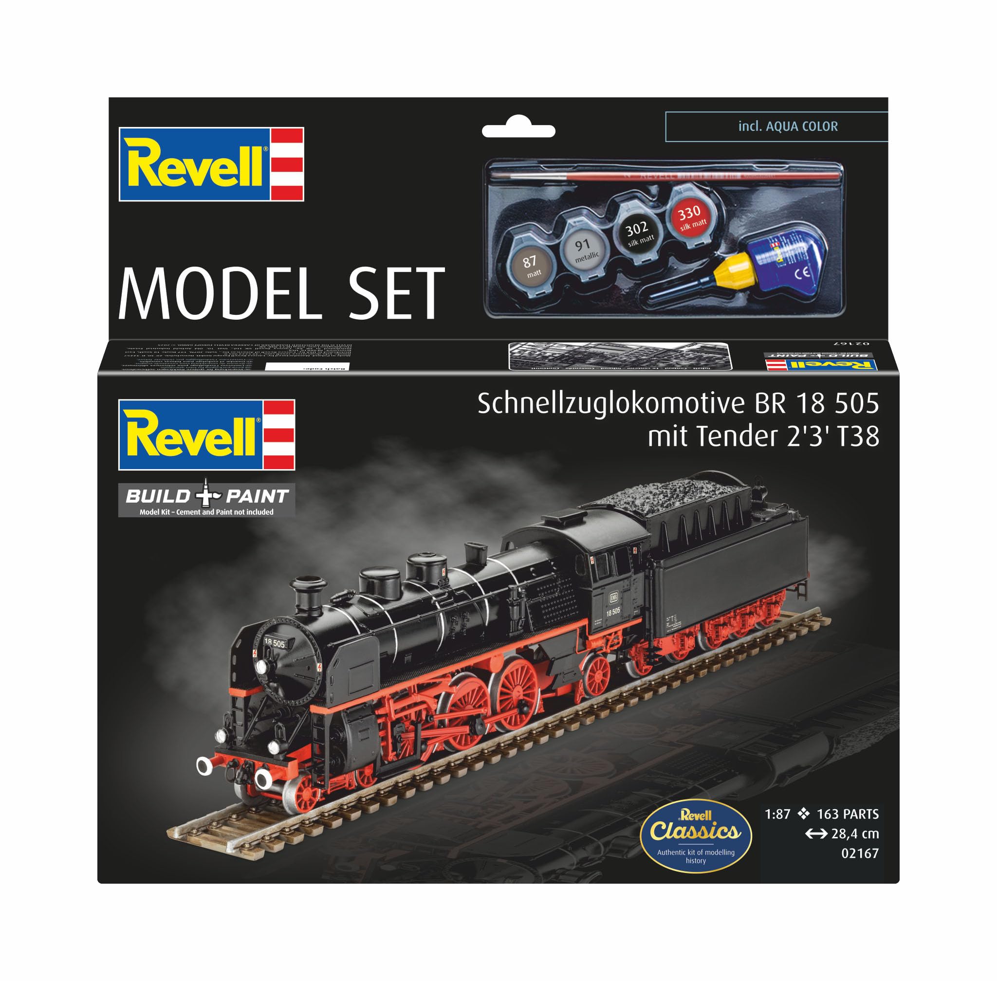 Revell Kit de modélisme Locomotive à train rapide BR 18 505 avec tendeur – Locomotive à vapeur détaillée avec chaudière, roues motrices et décalcomanies – Pour les fans de chemins de fer et