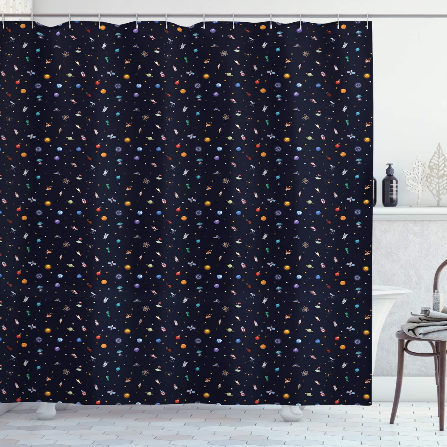 Ambesonne Spaceship Shower Curtain, Science Fiction Themed Comet Alien Atom on Starry Background Fantasy Art Print, Cloth Fabric Bathroom Decor Set with Hooks, 69" W x 70" L, Indigo Multicolor