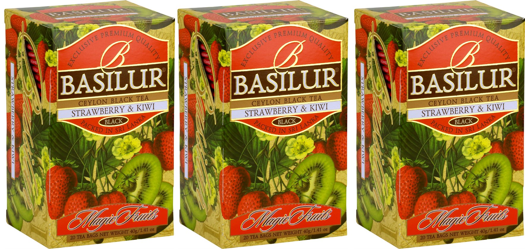 Basilur | Strawberry & Kiwi Tea | Ceylon Black Tea | Magic Fruits Collection | 20 Count Foil Enveloped - Pack of 3