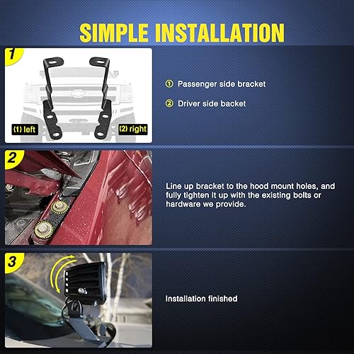 Vista 95 de Nilight Soporte de luz de zanja, bisagras de capó, kit de soporte de montaje para luz LED auxiliar todoterreno para luz de trabajo en Toyota 4Runner