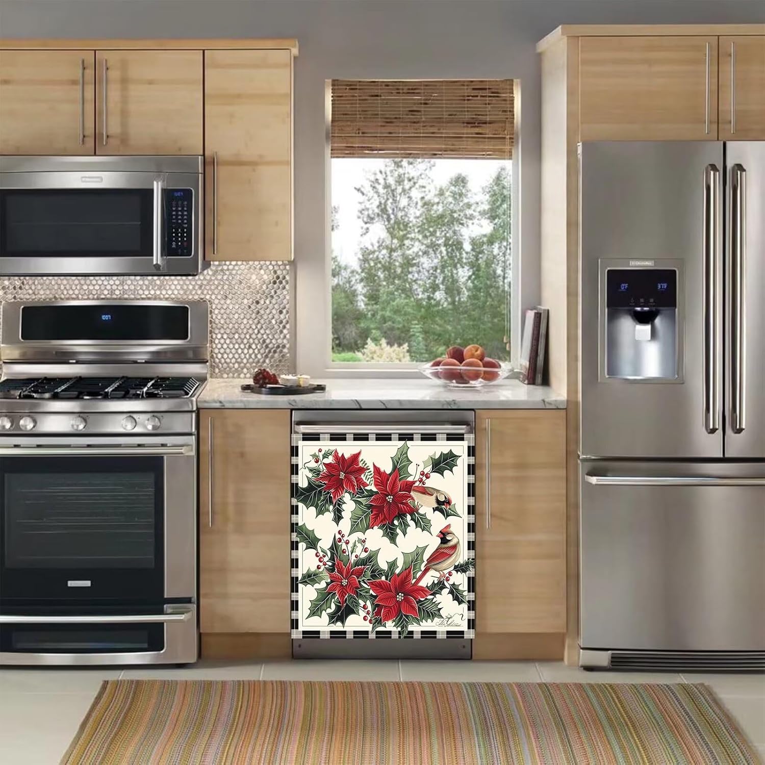 Magnetic Dishwasher Cover, Christmas Flowers and Bird Reusable Dishwashers Decal for Front Panel, Dishwasher Door Magnet Cover, Appliance Wrap Skin 23” x 26”