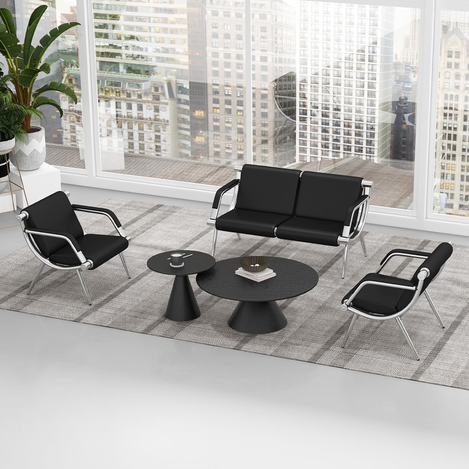 Kinfant Waiting Room Chair- Office Reception Furniture with Armrest and PU Leather Cushion, Office Guest Chair for Waiting Room Airport Hospital Bank Lobby, Black (1 Seat*2+2 Seat)