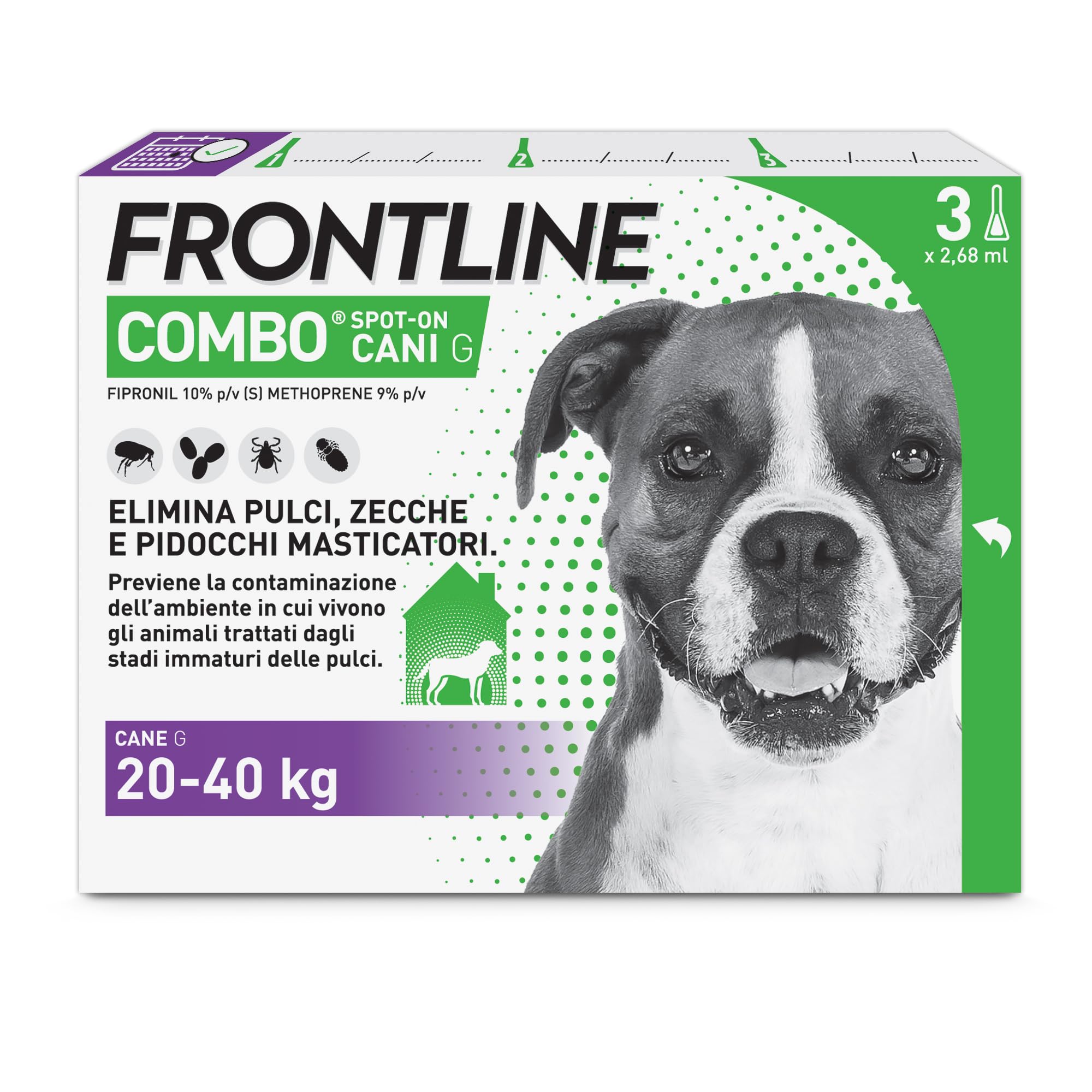 FRONTLINE Combo, 3 Pipette, Cane Taglia L (20 - 40 Kg), Antiparassitario per Cani e Cuccioli di Lunga Durata, Protegge il Cane e Anche la Casa da Pulci, Zecche, Uova e Larve, Antipulci 3 Pipette