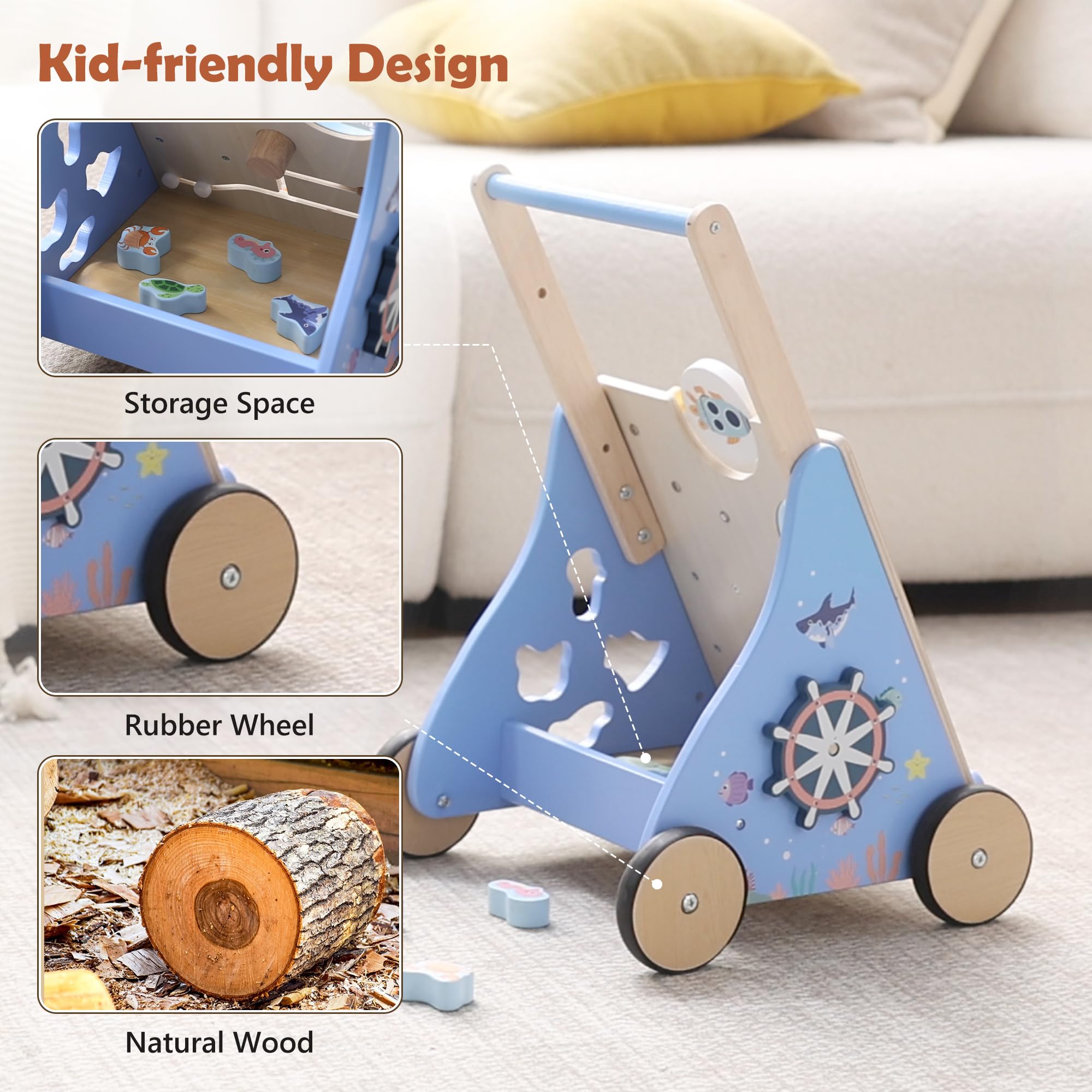 Lauflernwagen Holz, Ozean Baby Lauflernhilfe mit Multifunktional Montessori Spielzeug, Holzspielzeug mit Rädern und Stauraum, Baby Walker Geschenk für Jungen und Mädchen