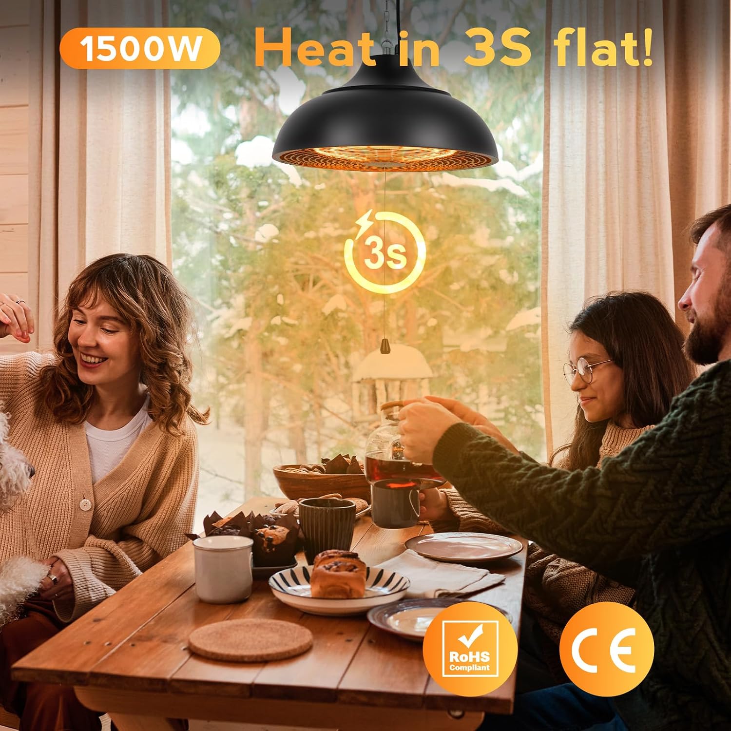 1500W Electric Hanging Patio Heater, 3S Instant Heat, Ceiling-Mounted Outdoor Heater with 3 Modes, Quiet Operation, Overheat Protection, IP55 Waterproof for Patio, Balcony (black, hanging)