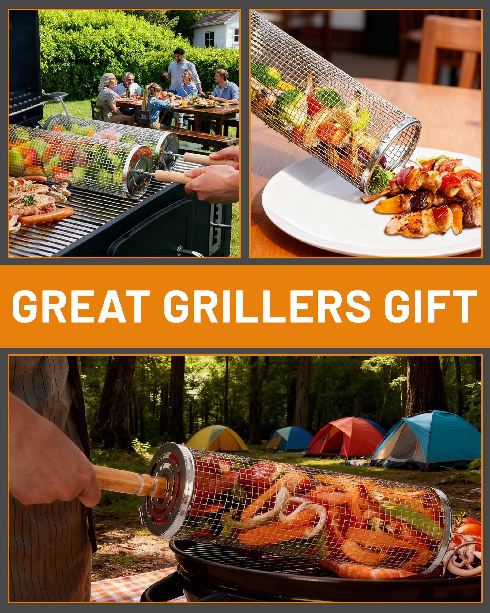 Ensemble de paniers de grillage enroulable emboîtables 2 Paniers de barbecue cylindriques en acier inoxydable avec poignée en bois (30×10cm + 29×9cm) accessoires de barbecue pour légumes en extérieur