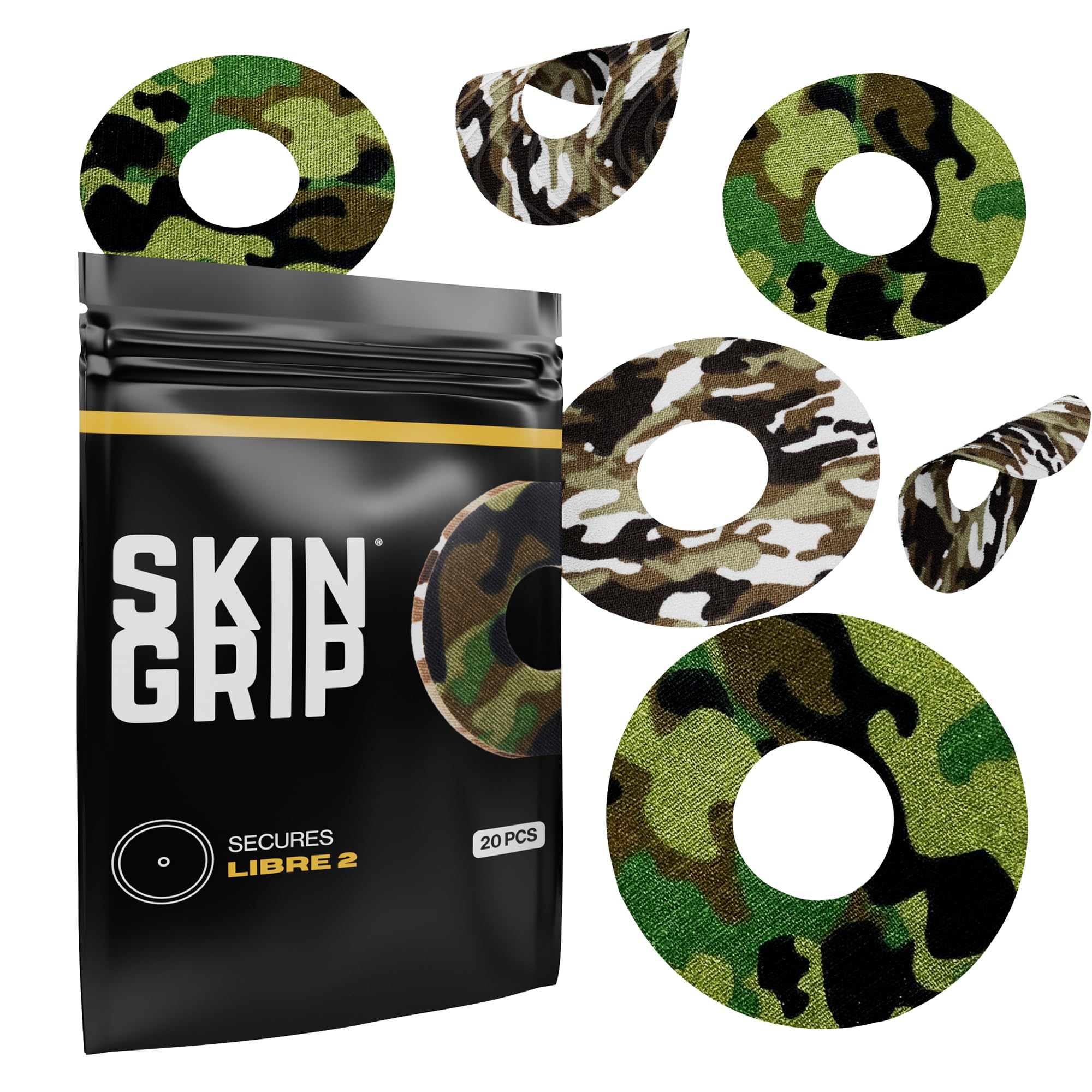 Skin GripCGM Patches for Infusion Set or Freestyle Libre (20-Pack), Waterproof & Sweatproof for 10-14 Days, Pre-Cut Adhesive Tape, Continuous Glucose Monitor Protection (Camo)