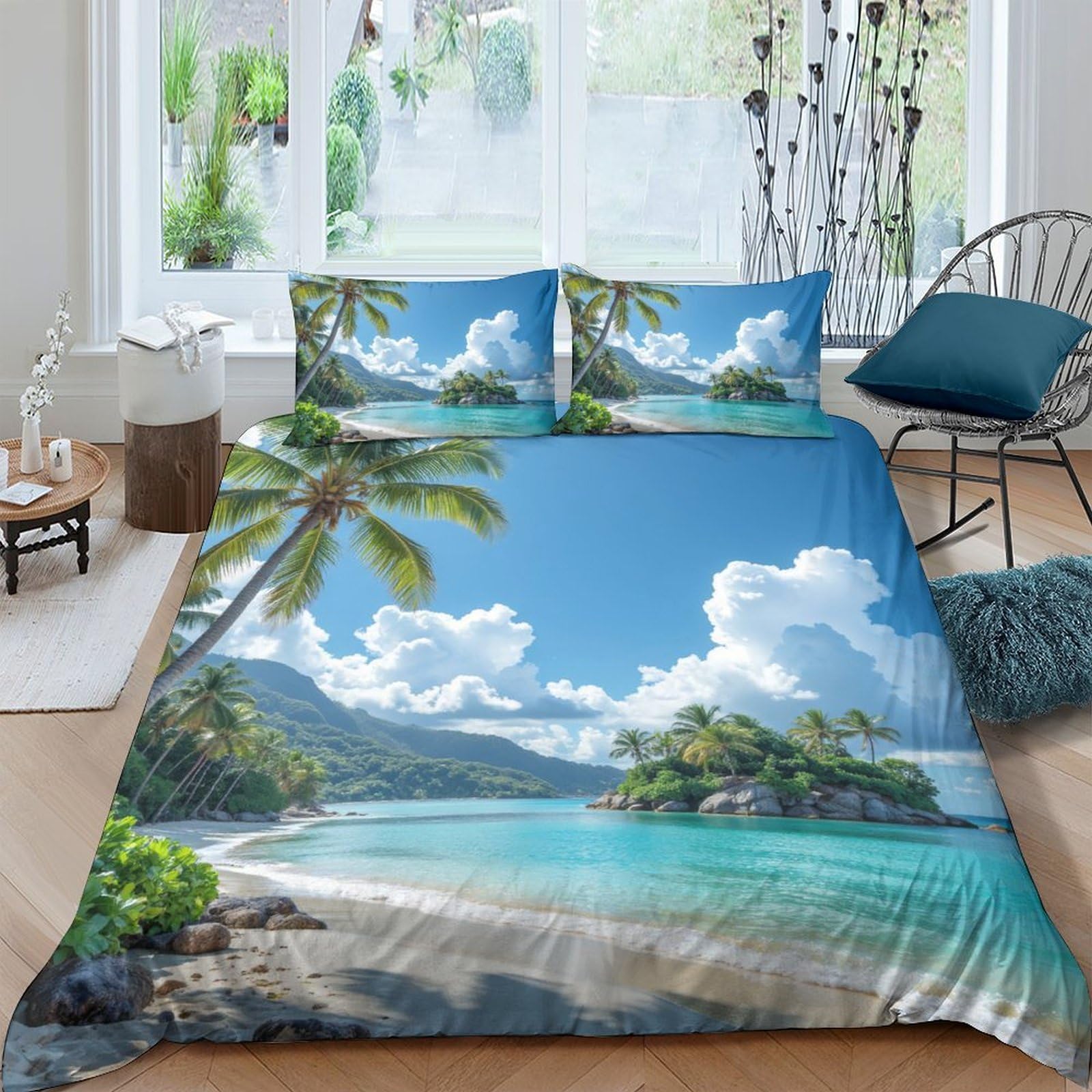 Ctjqhvkz Style-3 3D Printed Tropical Beach Fitted Sheet Microfiber Soft Palm Island Mattress Cover For Bedroom Guest Room Decor Single（135X200cm）