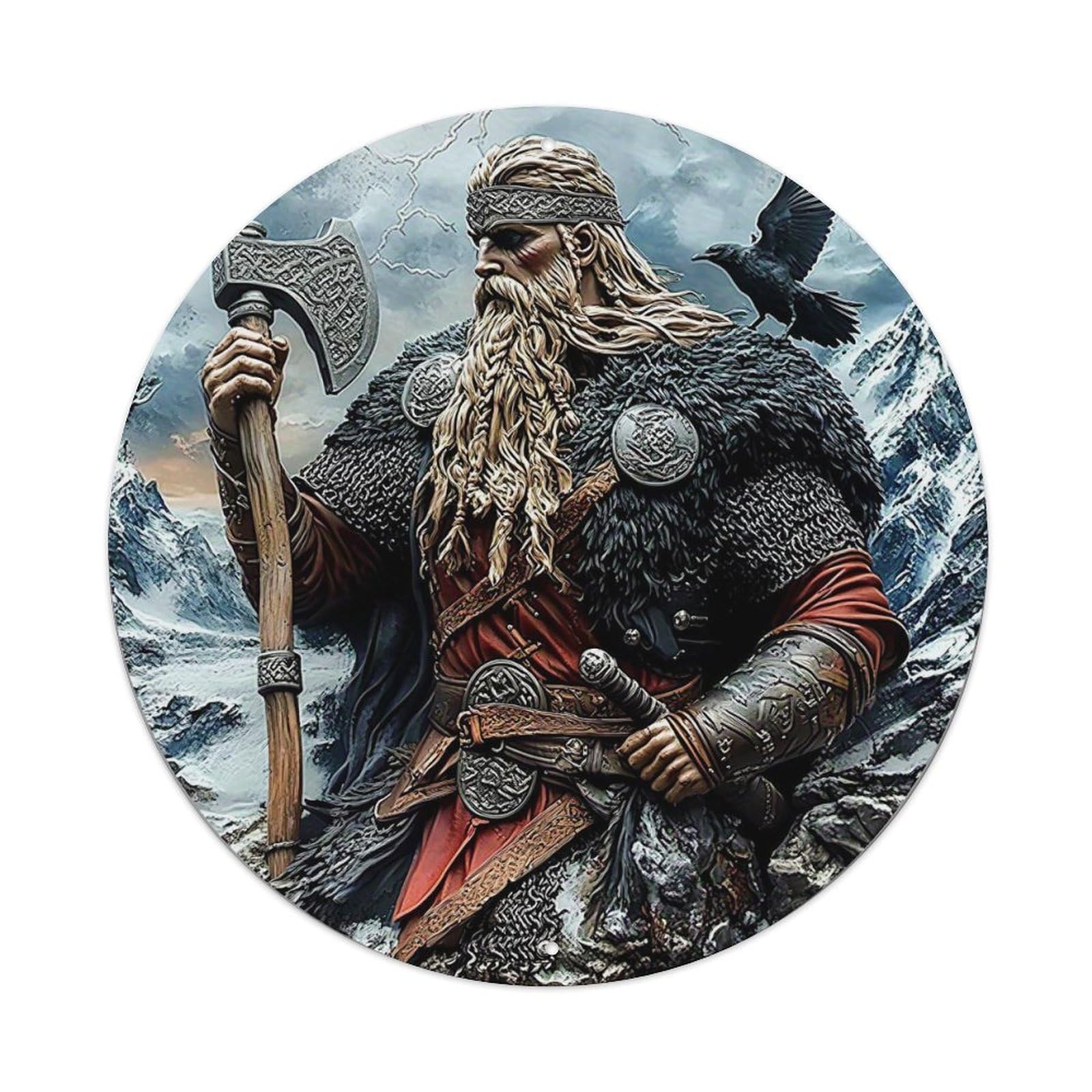 Viking Warrior With Axe And Ravens Round Metal Tin Sign Vintage Wall Decor, Bar Garage Cafe Kitchen Home Wall Art Poster 8x8inches