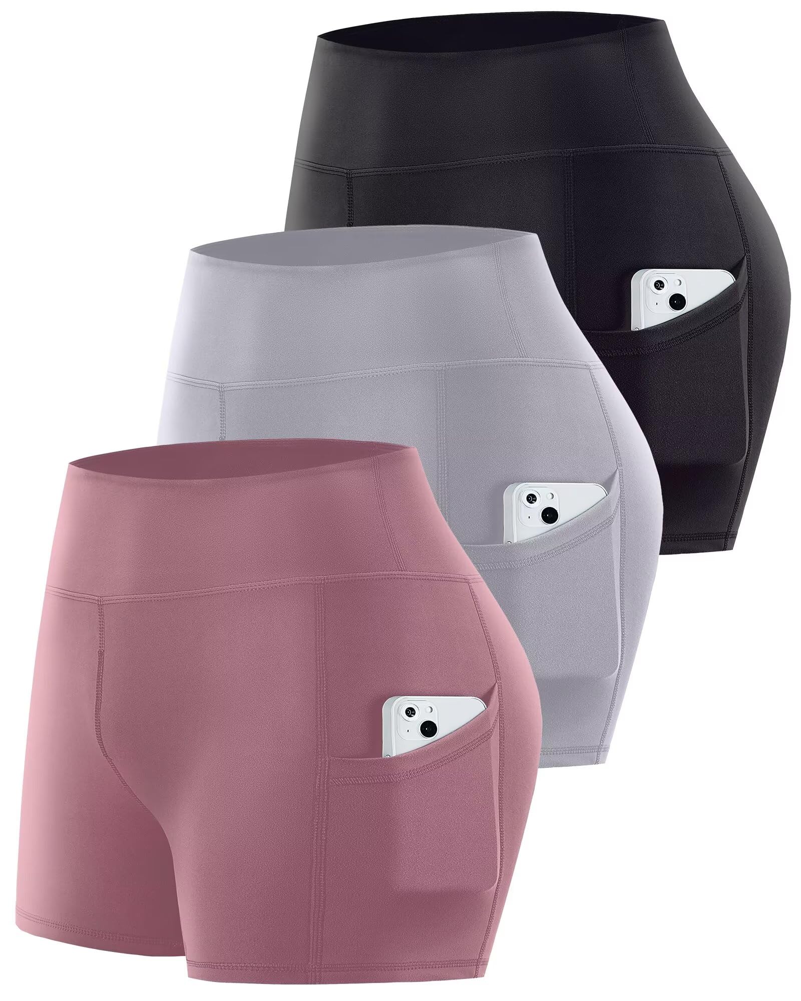 3 Pack Biker Shorts with Pockets Women,5” Soft High Waist Tummy Control Yoga Workout Athletic Running