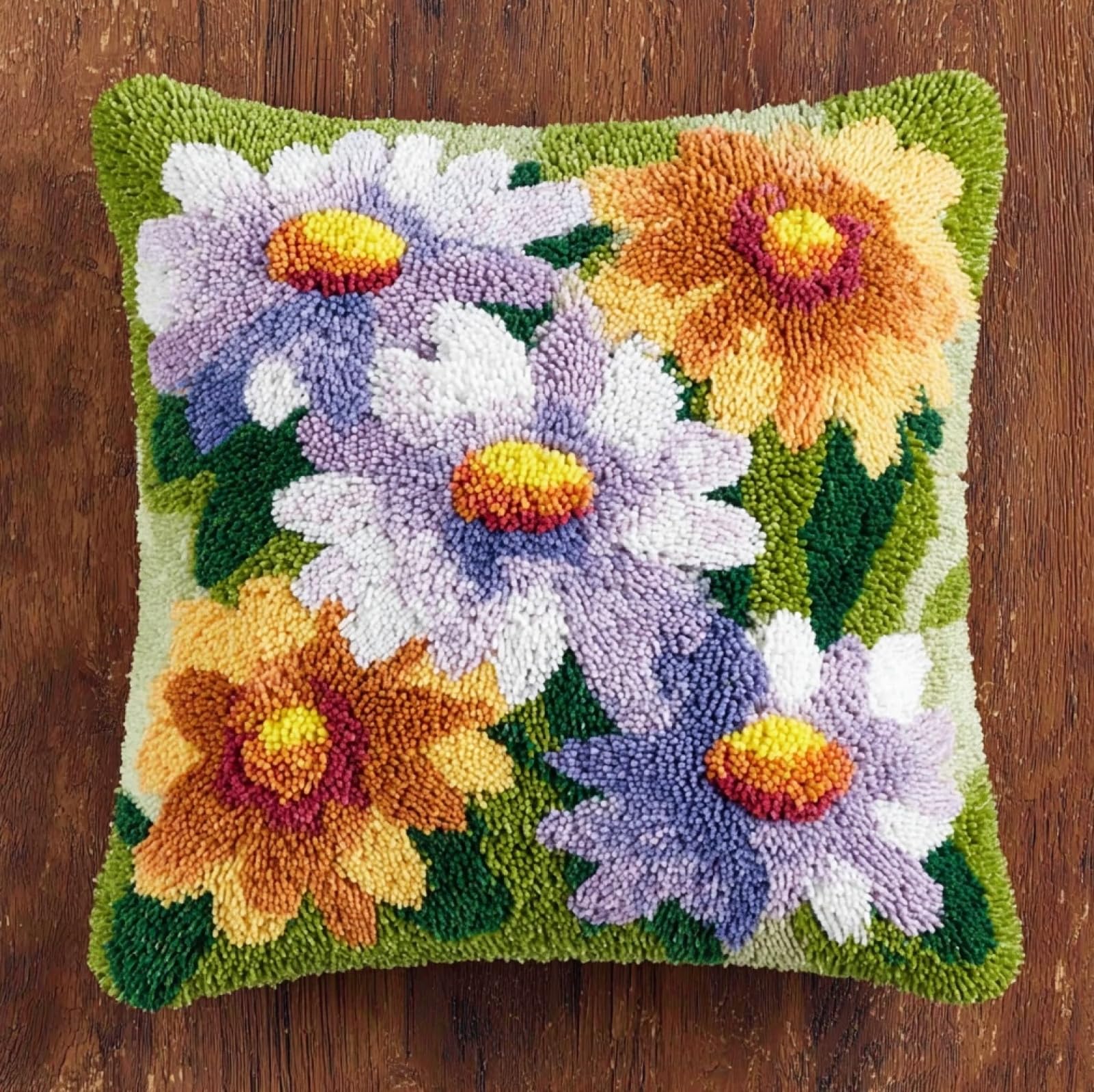 AxiangziK Latch Hook Pillow Making Kit 43x43cm,Petals and Flowers Complete Set with Hook Tool & Instructions - Sofa Cushion Cover DIY Craft for Adults