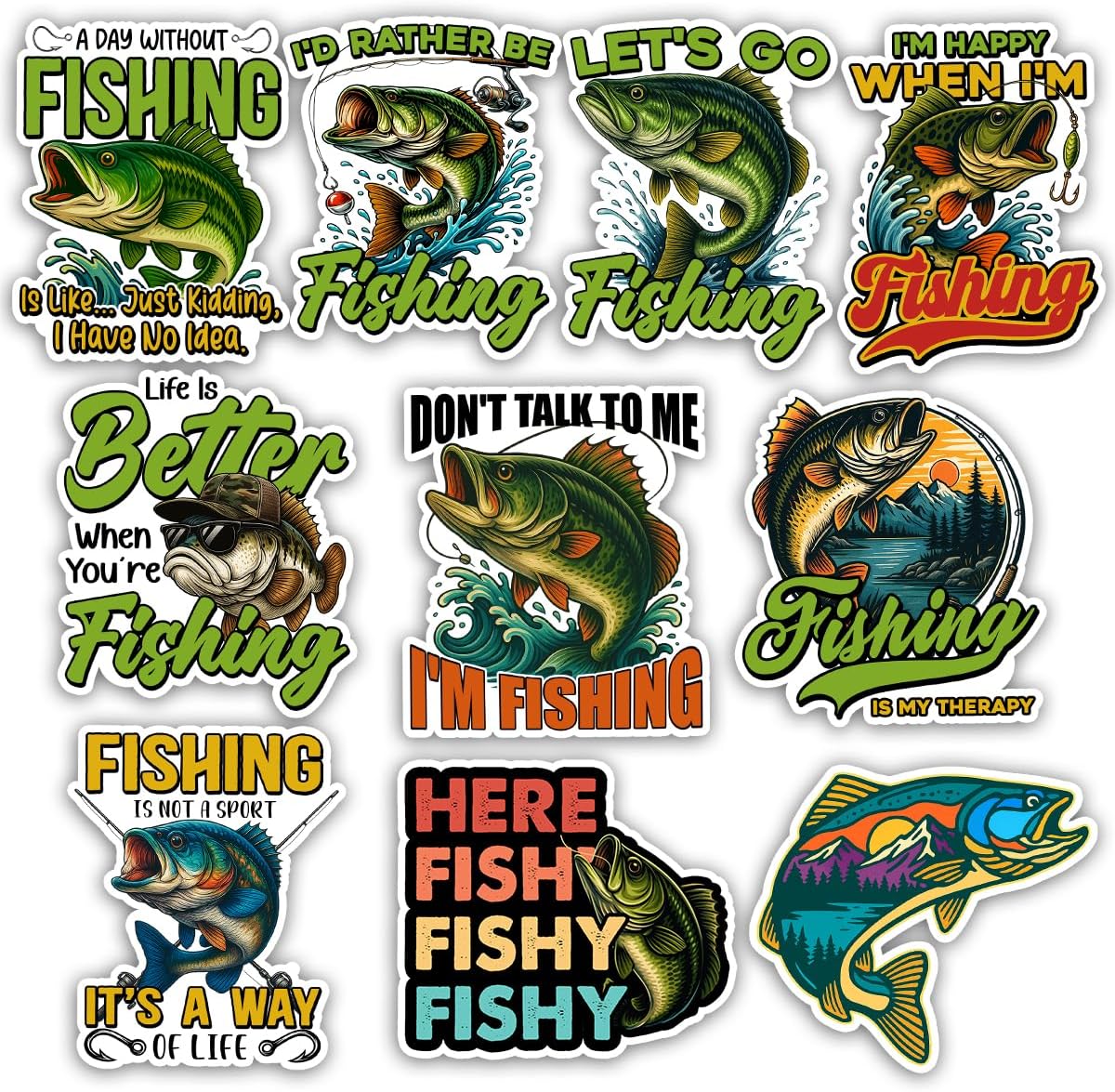 TODOLIA (10個-3インチ) 面白いフィッシングステッカーパック、タックルボックス用トラウトバスフィッシュステッカー、釣り愛