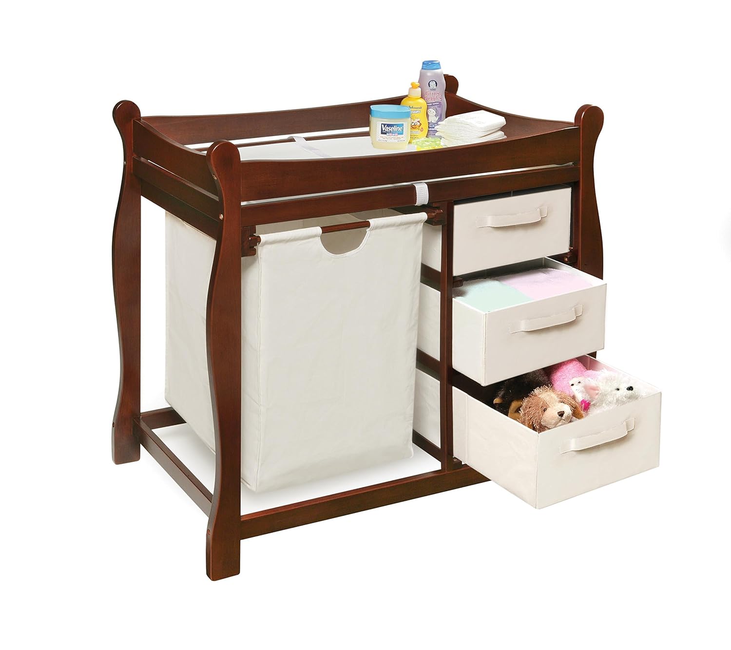 Sleigh Style Changing Table with Hamper & Three Baskets White