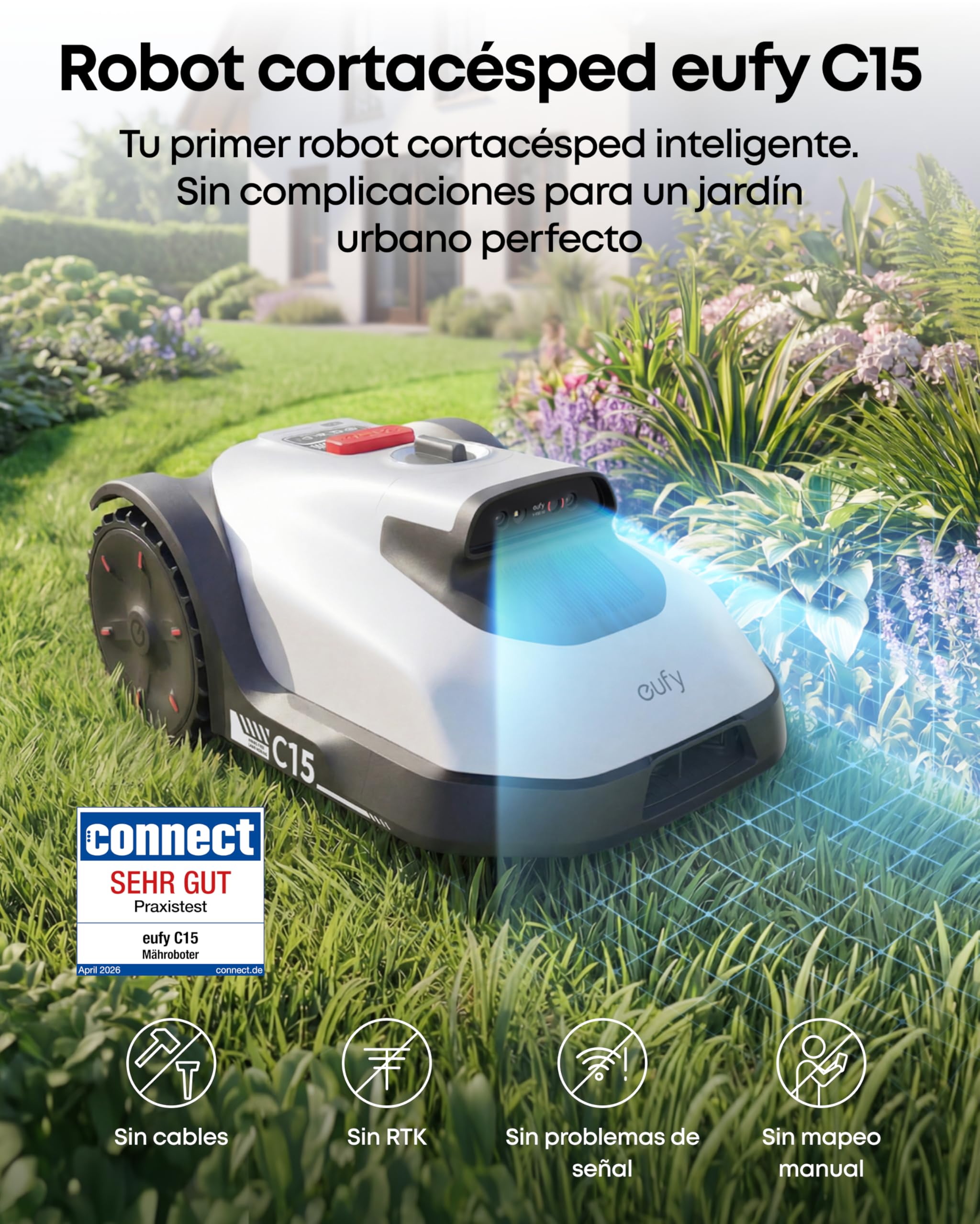 Robot cortacésped Eufy C15 sin Cable delimitador, con Garaje, 500 m², TrueVision, sin RTK, sin Problemas de señal, mapeo automático, protección contra erizos, navegación Inteligente.
