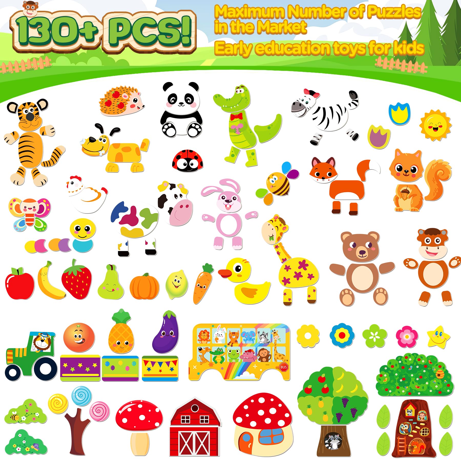 Jojoin 130 Pezzi Puzzle in Legno Magnetico - 2025 Nuovo Giocattolo Montessori con Doppio Lato Magnetico | Modello di Frutta Animali Carini - Giocattolo Educativo Bambino 3 Anni Di Più