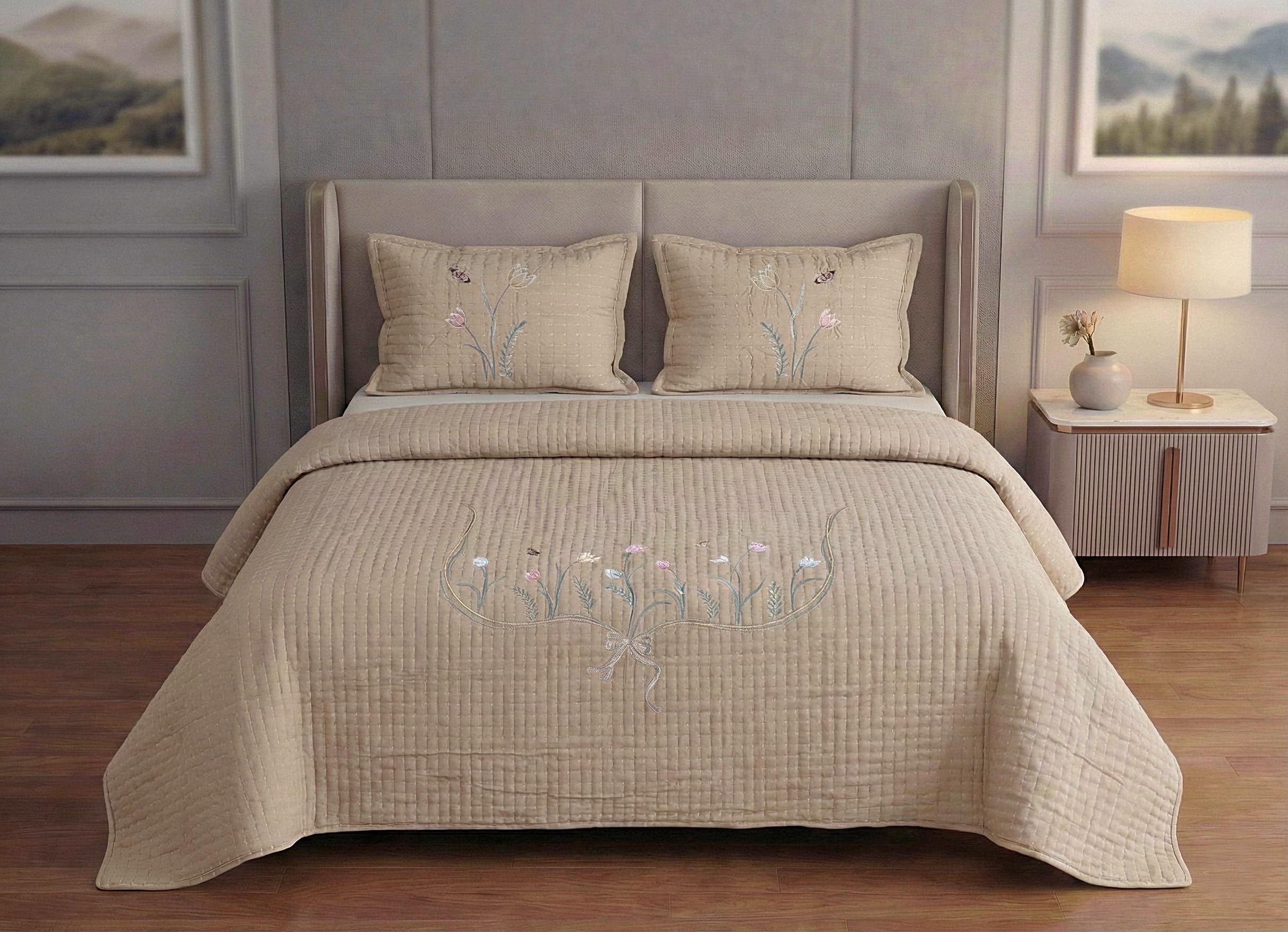 Boston King Size Bed Cover Set Polycotton Soft Touch Lightweight All Season Bedcover with 2 Pillow Covers Skin Friendly Machine Washable – Beige-image-34