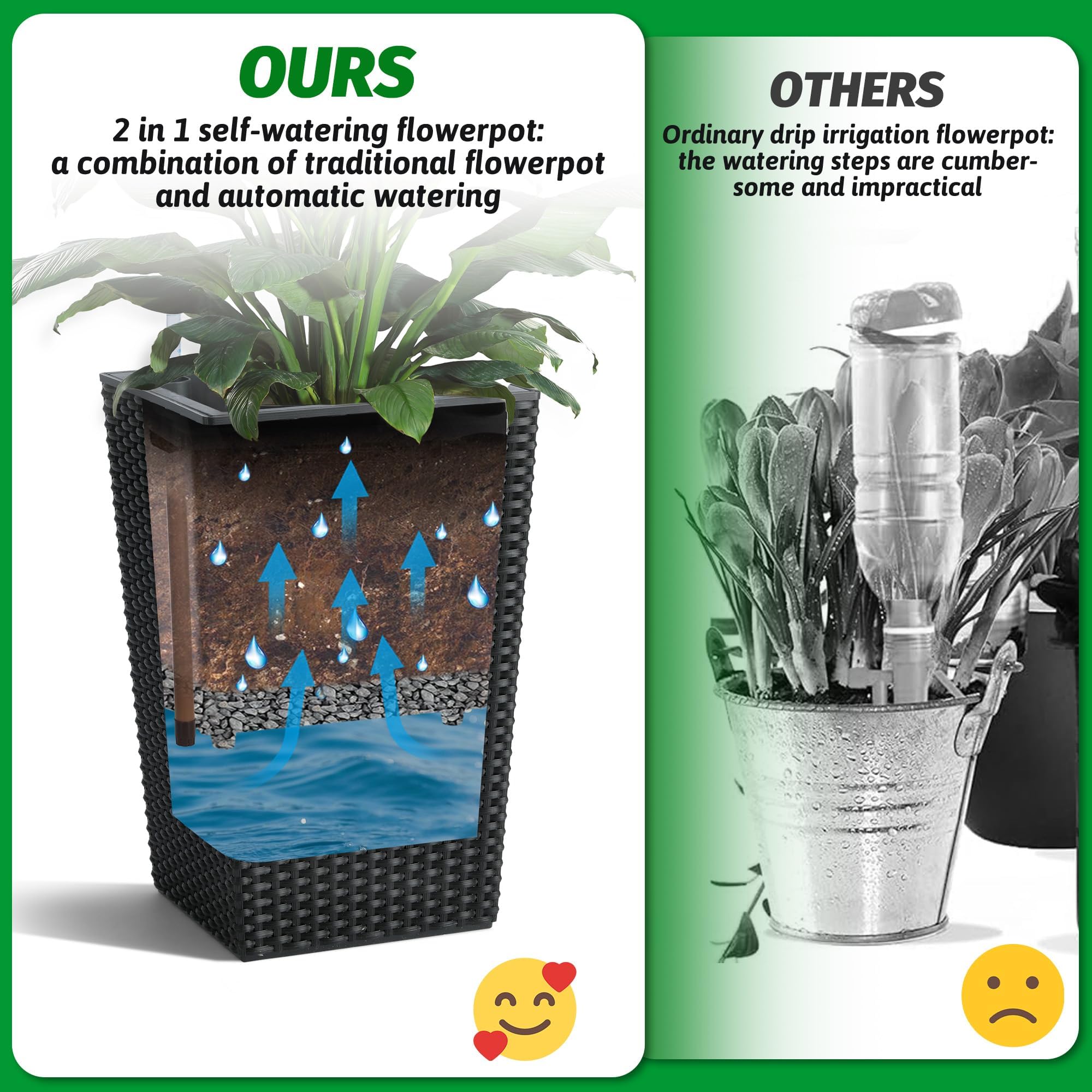 Garvee Lot de 2 Grands Pots de Fleurs en rotin – Réservoir d'eau intégré, indicateur de Niveau, roulettes, soucoupes – Idéal intérieur/extérieurérieur, terrasse, Balcon, Bureau – Coloris : Noir
