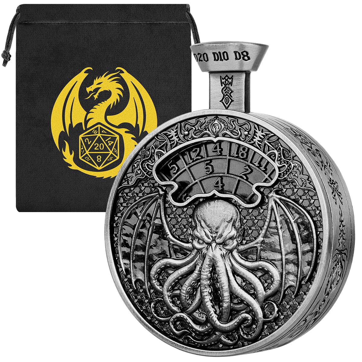 DND Dragon & Cthulhu Press-to-Roll Spinner Dice, Silver Metal All-in-1 Dice