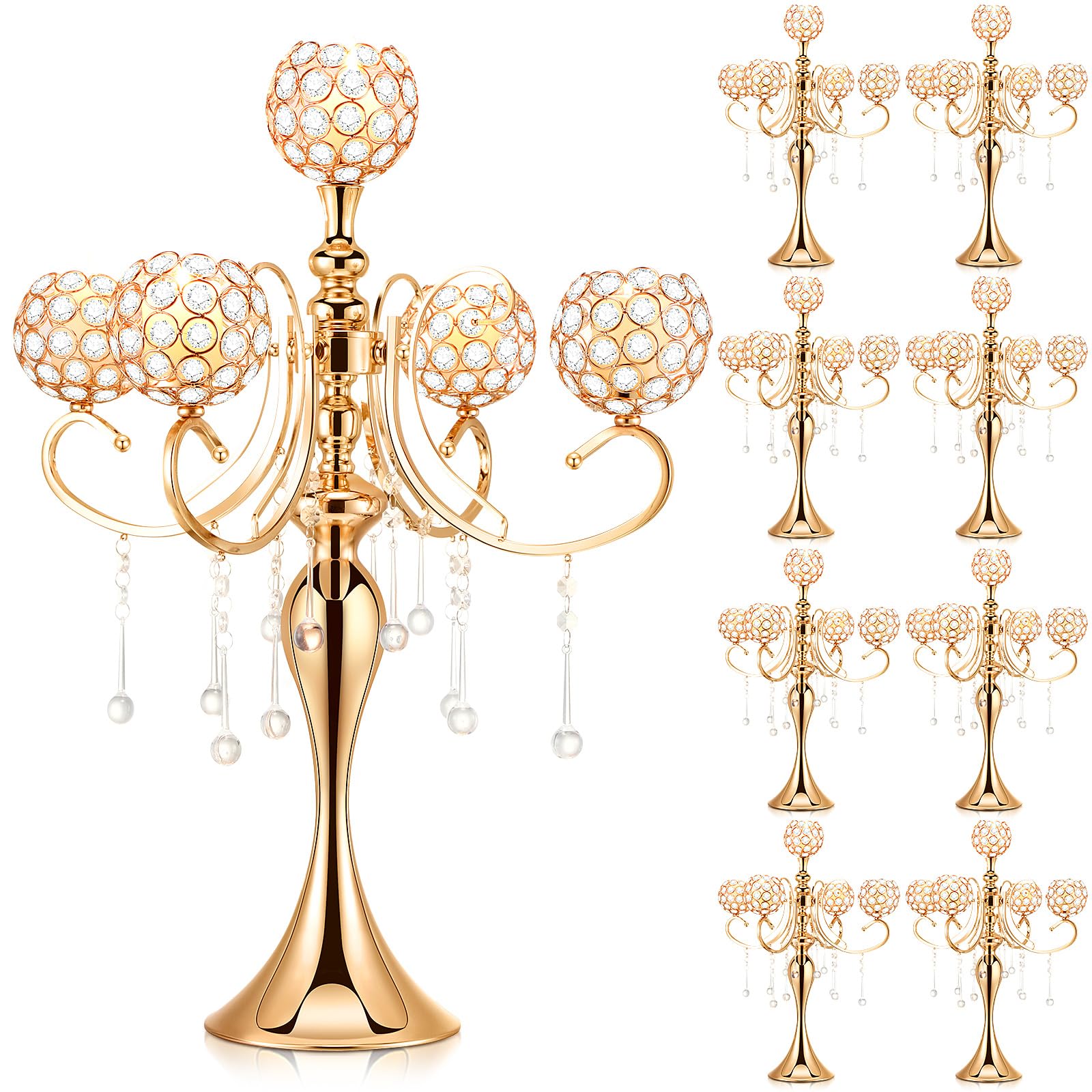 Dandat 8 Pcs 25.6'' 5 Arm Candelabra Candle Holder Centerpieces for Table Gold Crystal Candlestick Holders Tall Candle Stand for Wedding Dinner Halloween Christmas Party Decoration