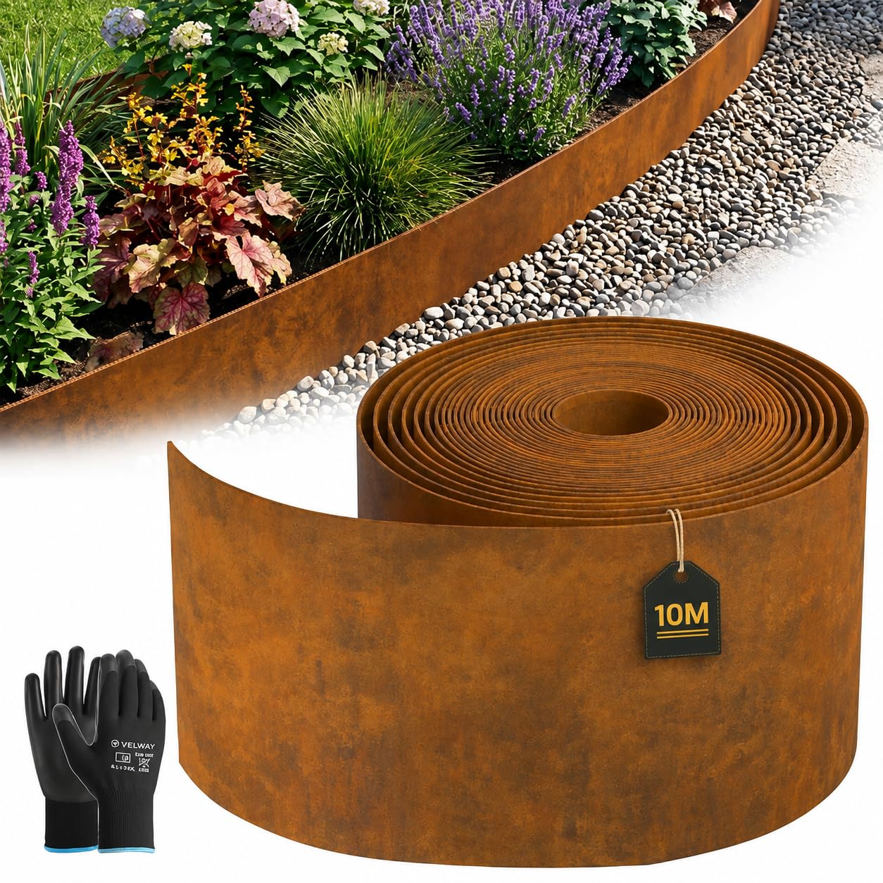 Velway Bordura Acero Corten 10m x 14cm Borde Metálico Jardín Efecto Óxido | Separador de Césped, Grava y Parterres | Fácil Instalación, Incluye Guantes
