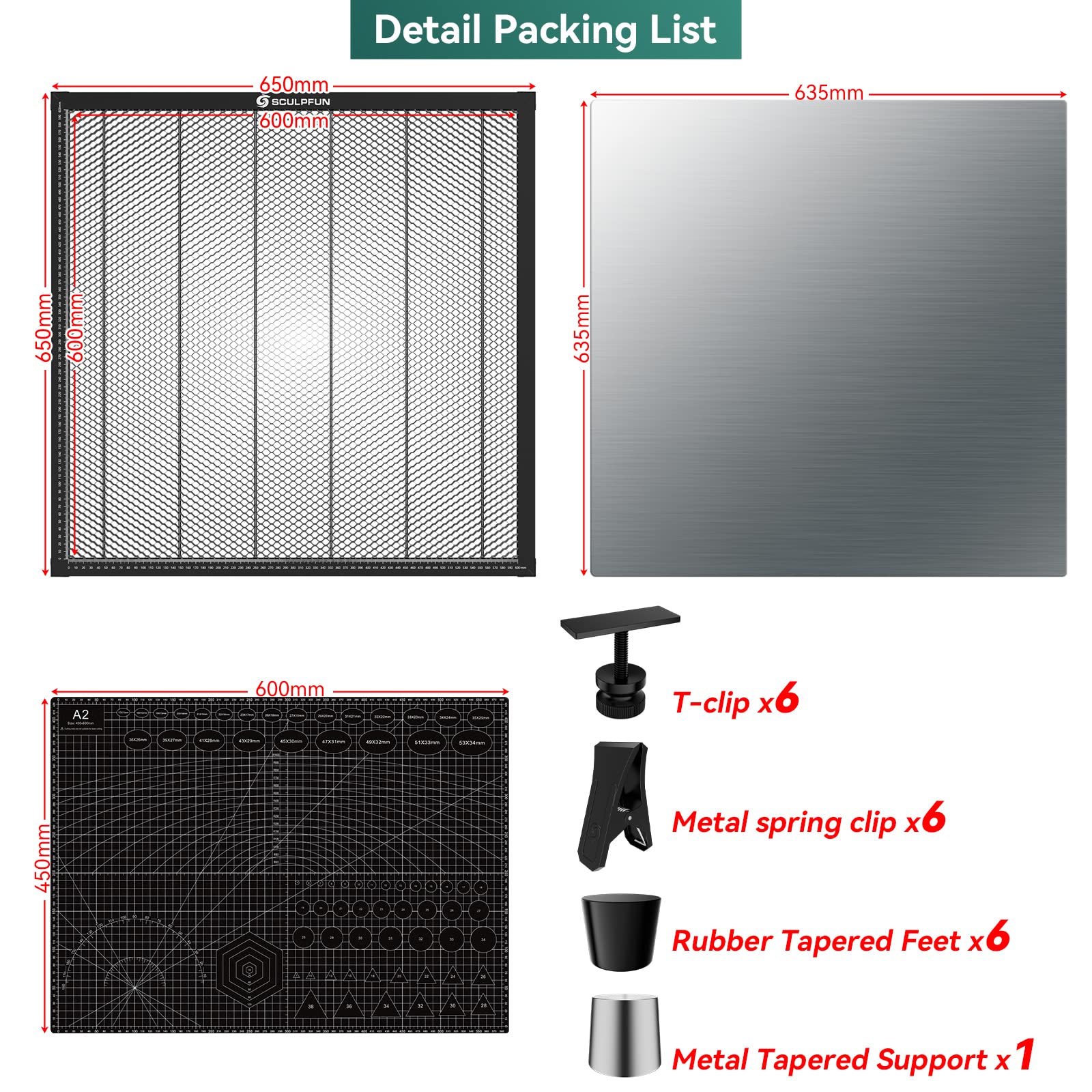 SCULPFUN Laser Honeycomb 600 X 600 mm, tavolo a nido d'ape laser per macchina per incisione laser e taglierina laser con 6 clip metalliche a forma di T + 6 graffette metalliche forti