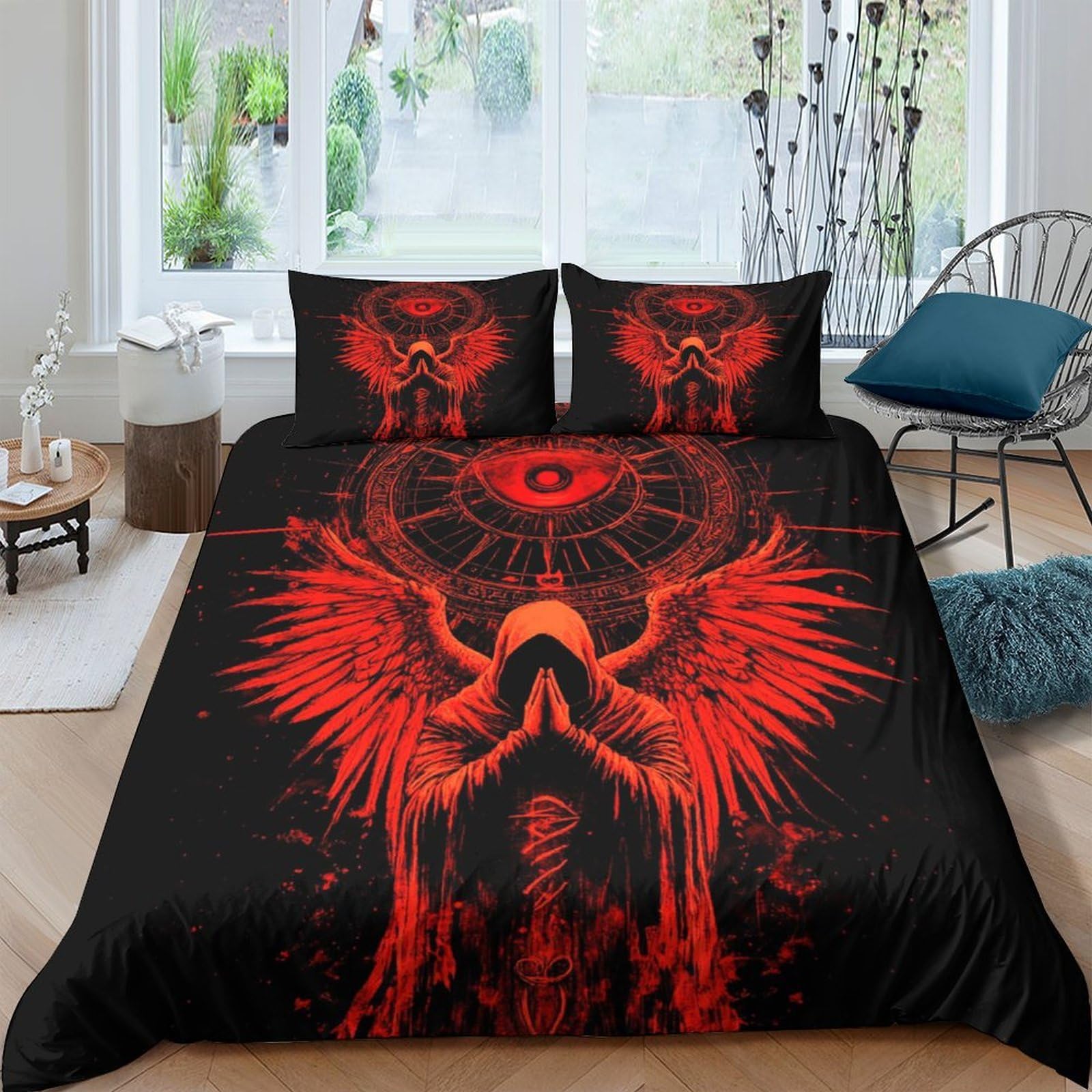 Ctjqhvkz Style-3 3D Printed Red Phoenix Fitted Sheet Microfiber Soft Black Angel Wings Mattress Cover Bedroom Decor Single（135X200cm）
