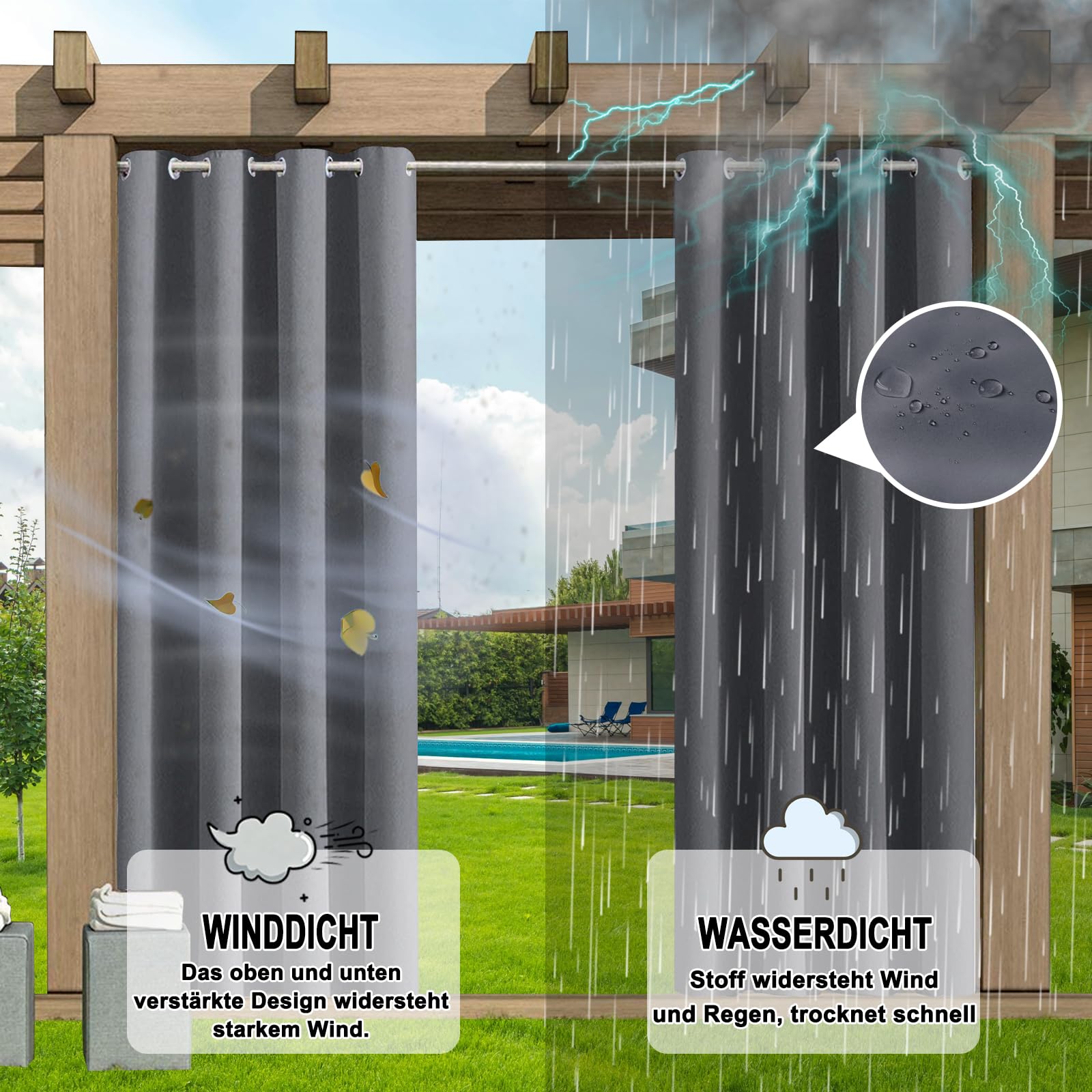 Outdoor Vorhang Wasserdicht Wetterfest, 1 Stück blickdichte Sonnenschutzgardine mit Ösen, Sichtschutz Sonnenschutz für Terrasse Garten Pavillon Veranda - H140 x B183cm
