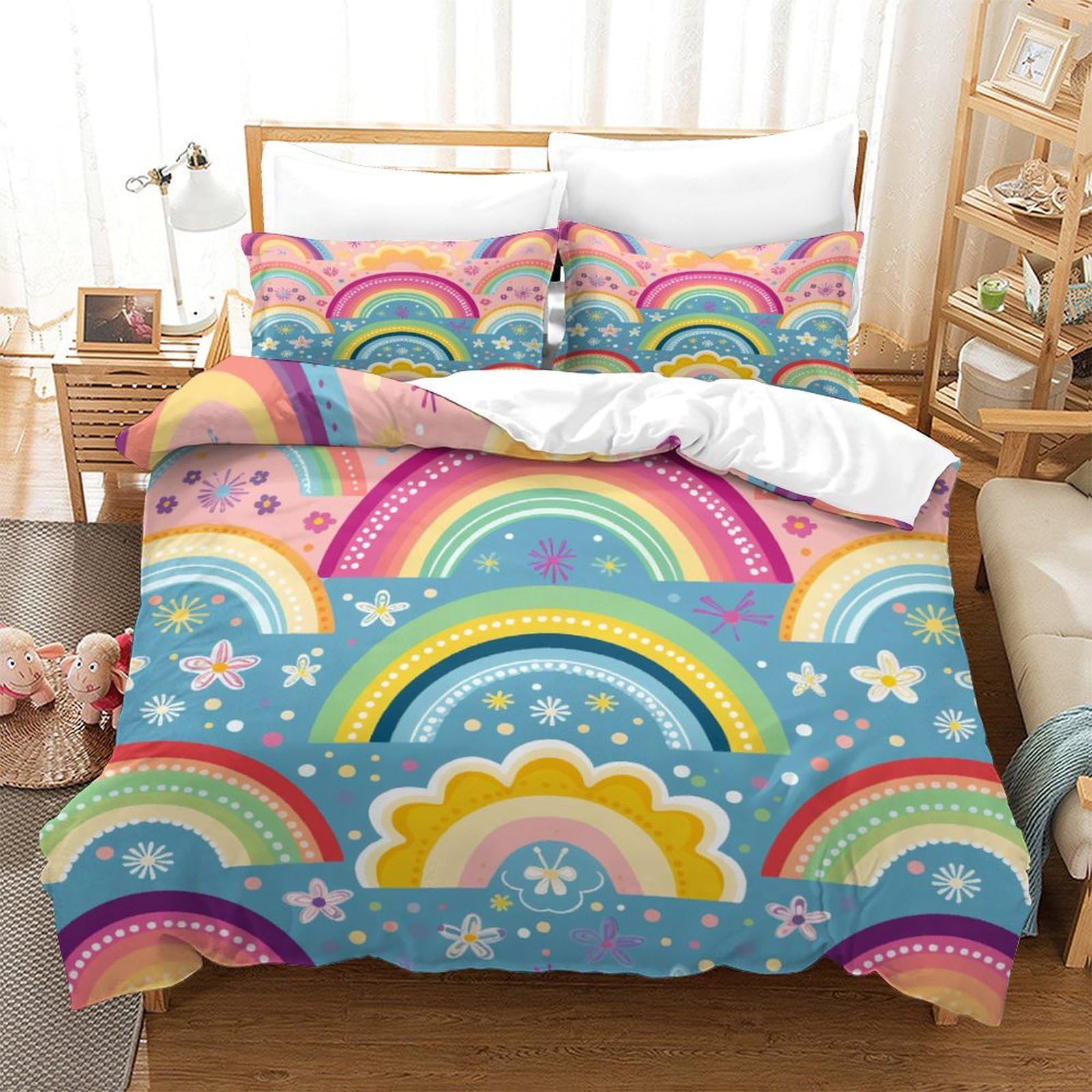 Housse de couette super king respirante et taies imprimé 3D arc-en-ciel