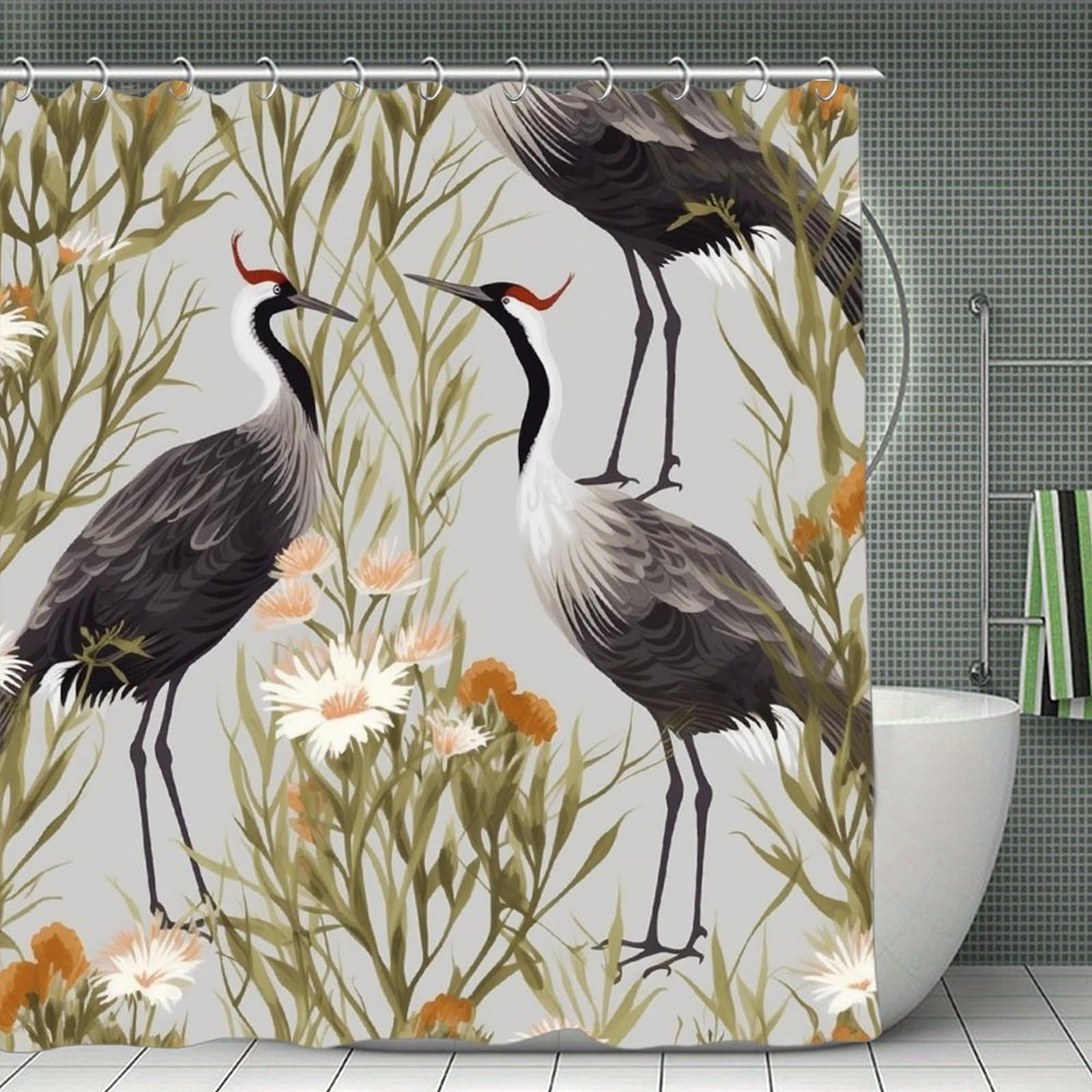 QMNLKH Crane Bird Wild Plants Shower Curtain with Hooks, Waterproof Bath Curtains for Bathroom, Lightweight Bath Curtains Liner for Hotel, Personalized Bath Curtain for Spa, 70.8 Inch