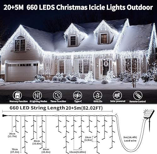 Miniatura 4 de Luces de carámbano alimentadas por energía solar para exteriores, 600 luces LED de 82 pies con control remoto, 8 modos, temporizador, IP65