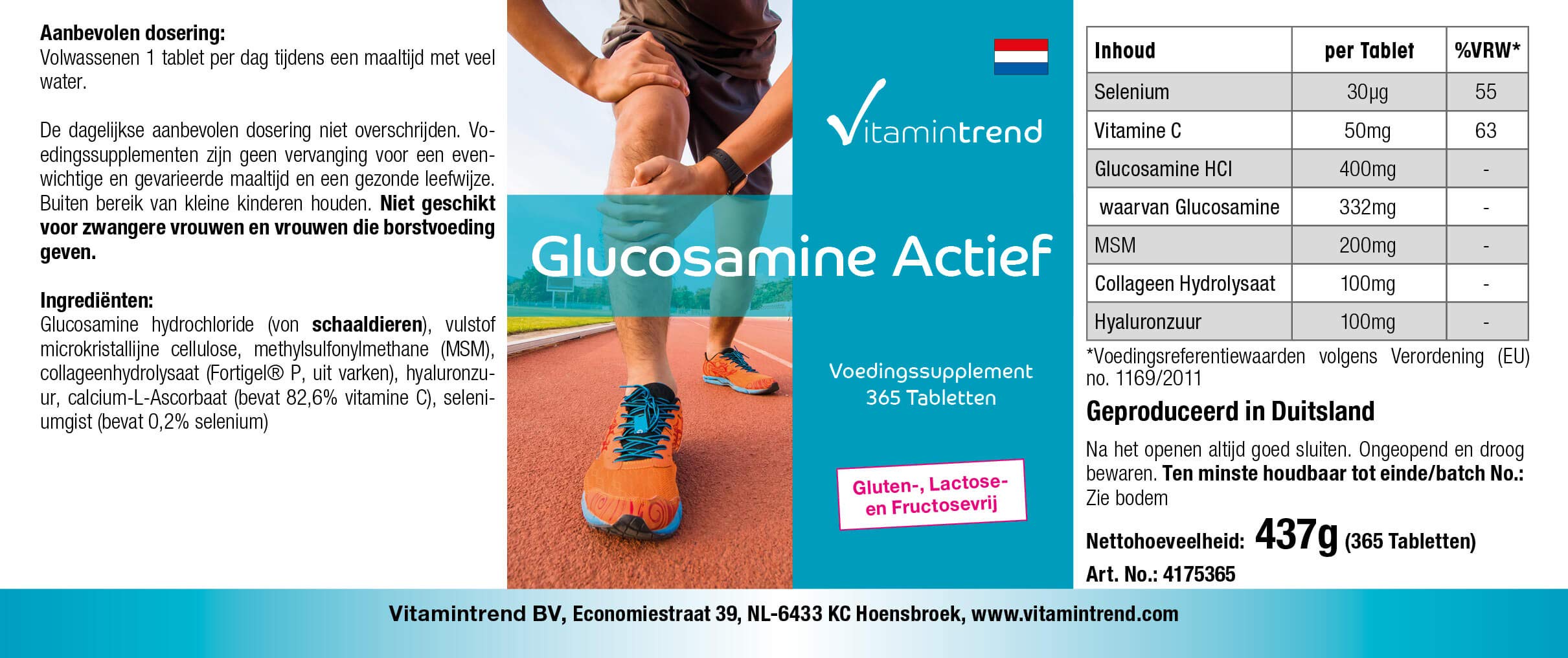 Vitamintrend Glucosamine Active, 365 comprimés, hautement dosé, avec MSM, collagène, vitamine C et sélénium, complément alimentaire sans stéarate de magnésium, fabriqué en Allemagne