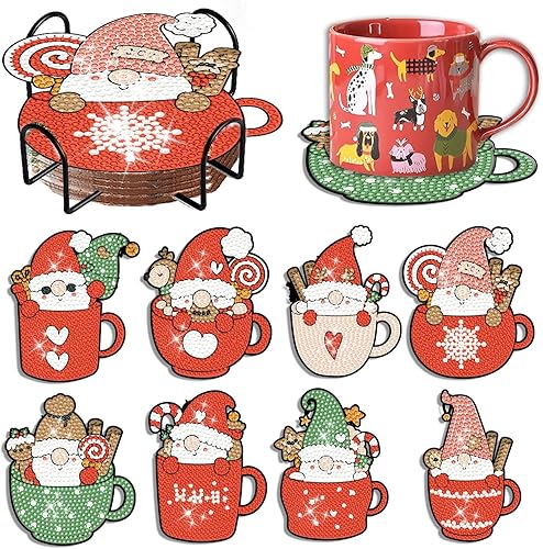 Juego de 8 posavasos de Navidad con diseño de gnomo de café, con soporte para manualidades, diseño de gnomo de café de Navidad, para adultos, kits
