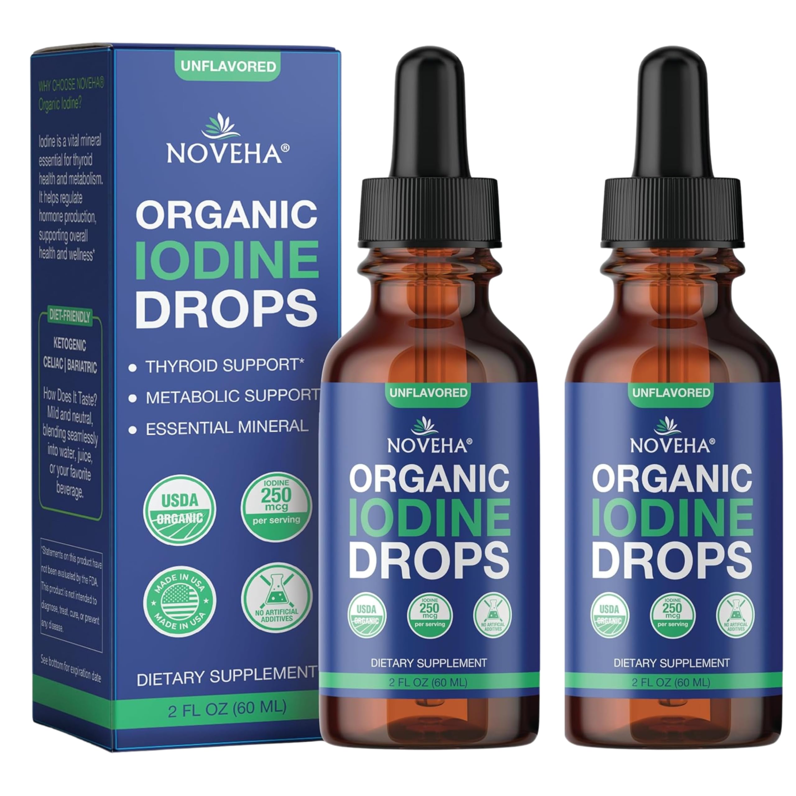 NOVEHA Organic Iodine Drops - Potassium Iodide Liquid - Iodine Supplements for Thyroid & Metabolism Support, 250 mcg per Serving, USDA Organic, Vegan, Non-GMO, Gluten-Free | 30-Month Supply - 2 Fl Oz 4.06 Fl Oz (Pack of 1)