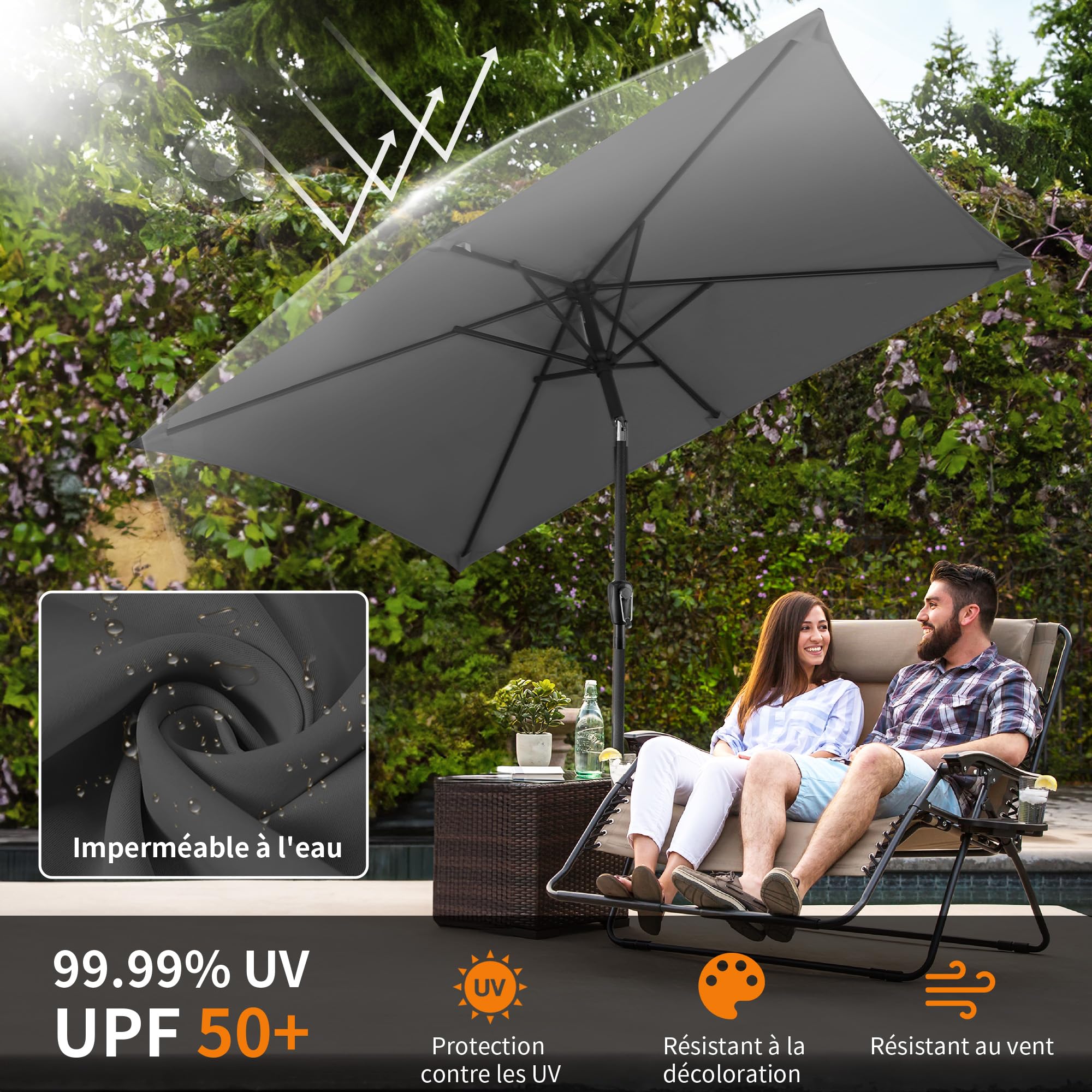 HOMEDEMO Parasol de Jardin Exterieur Inclinable Rectangulaire, Protection UV50+, pour Terrasse, Balcon, Piscine, Patio, 210x140cm Gris Foncé