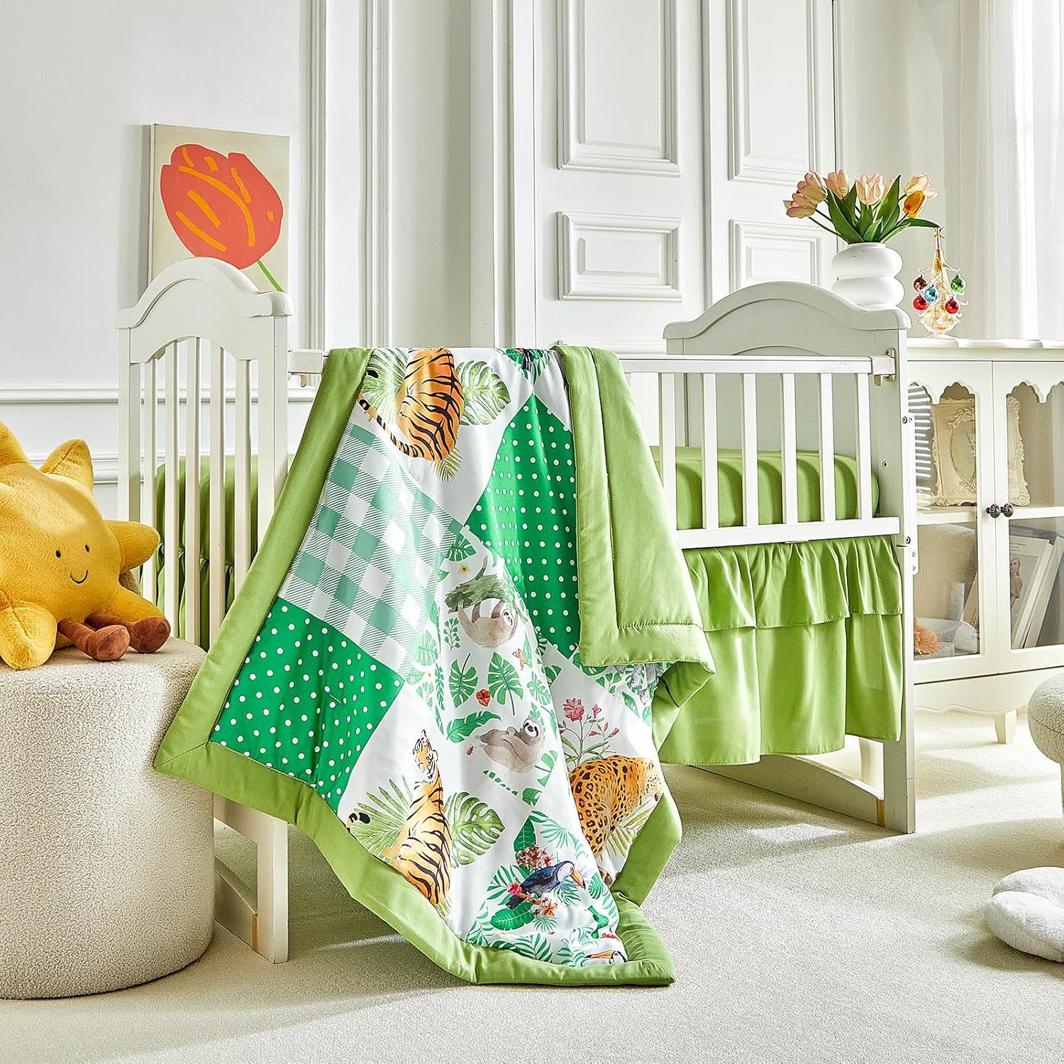 Patchwork Crib Bedding Set Jungle Plaid Forest Design 3 Pieces Baby Cute Quilted Comforter with Fitted Sheet and Bed Skirt - Green Leaves with Tiger leopard Elephant Sloth Animals Style Crib Bed Set