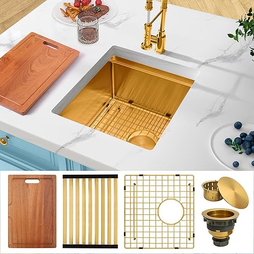 Vista 42 de Fregadero de barra dorada para montaje inferior, fregadero de barra pequeña y preparación, fregadero de barra de acero inoxidable calibre 16