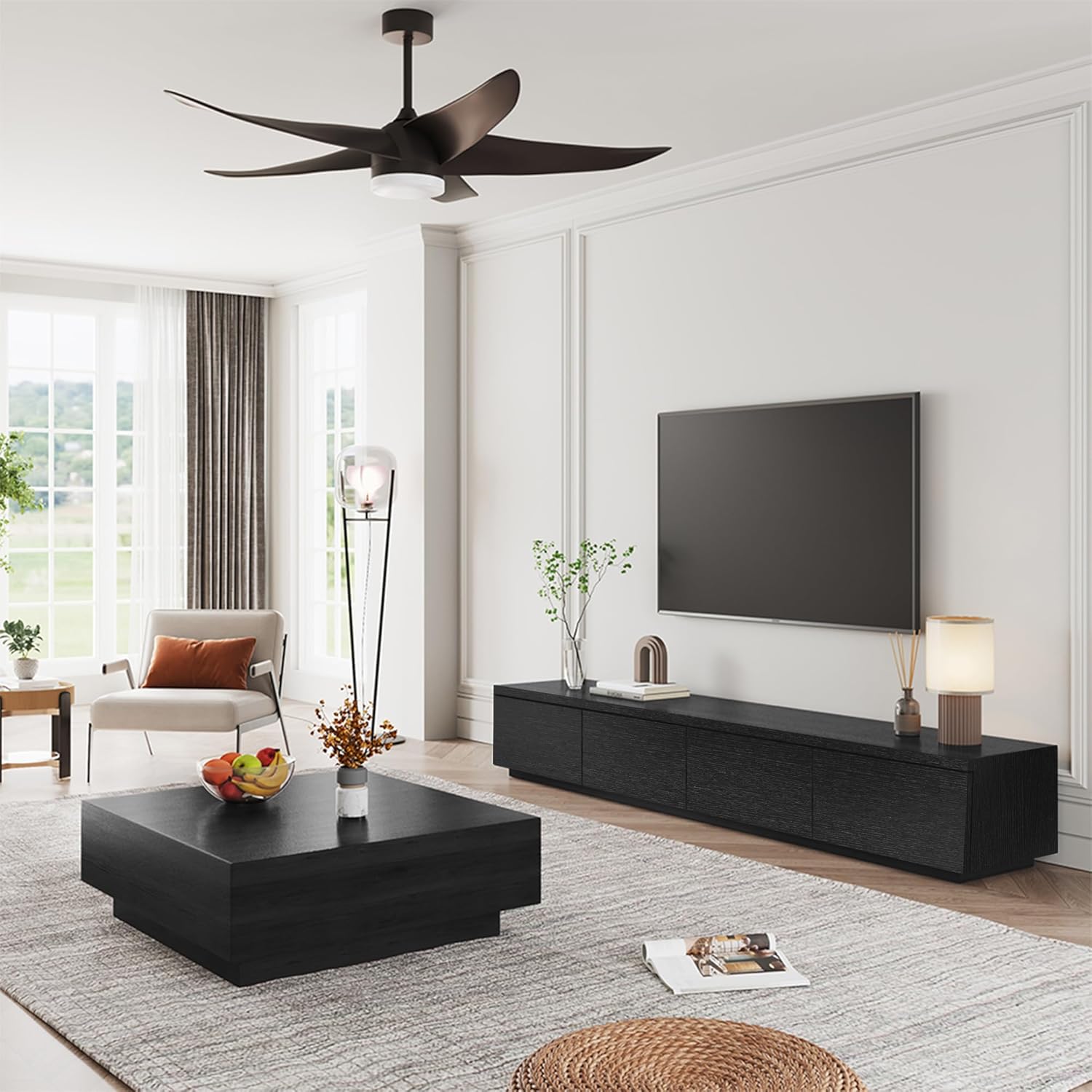 POVISON 78.74" Modern Solid Wood TV Stand with Storage, Fully Assembled, Large Entertainment Center 4 Drawers, TV Media Console Living Room TV Stand Black