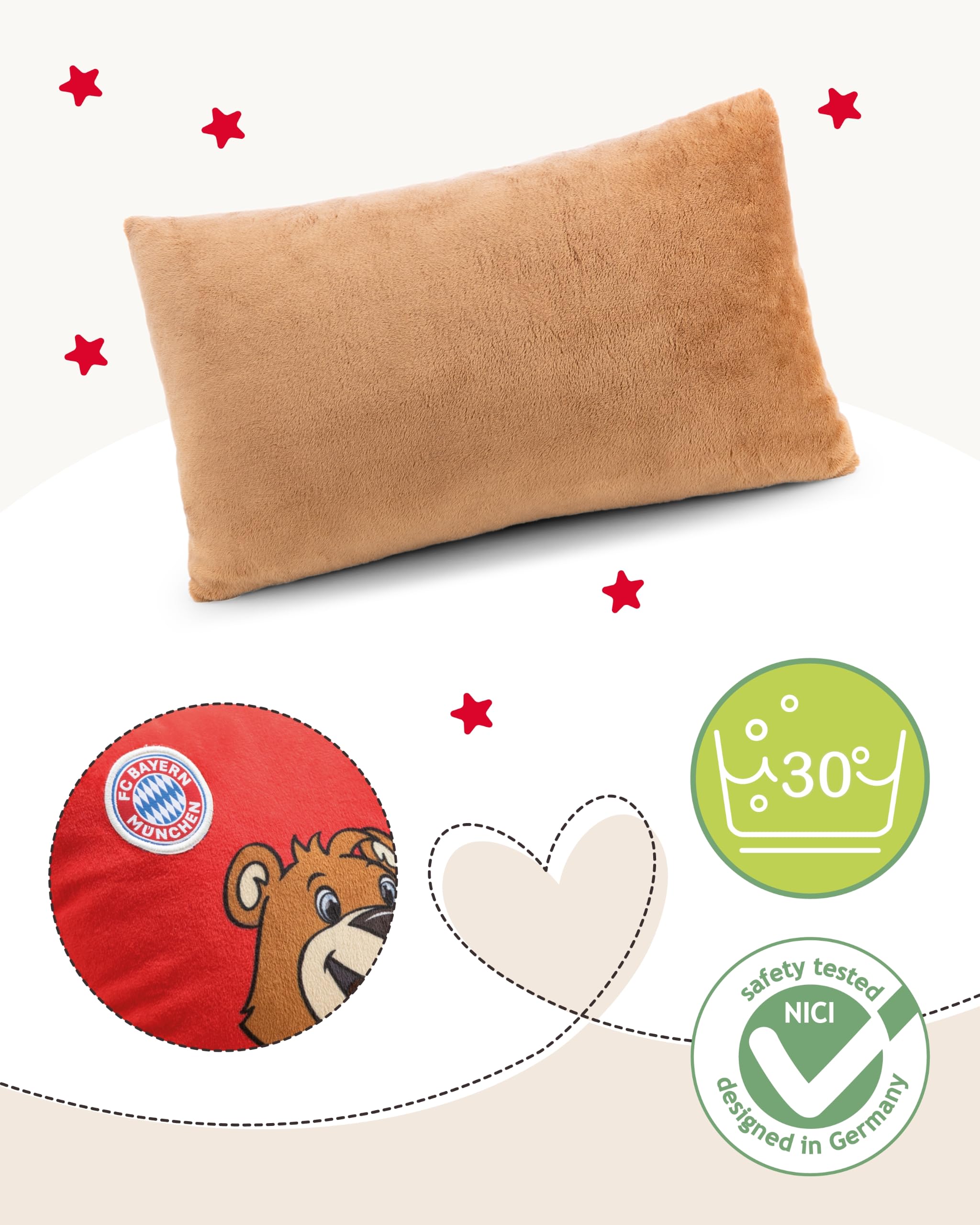 NICI Kissen FC Bayern MÜNCHEN Berni, Mia & Ben 43x25cm - rot - Flauschiges Kuscheltierkissen für Kinder und Erwachsene, Plüschkissen ideal für Zuhause, Kindergarten oder unterwegs - 61618